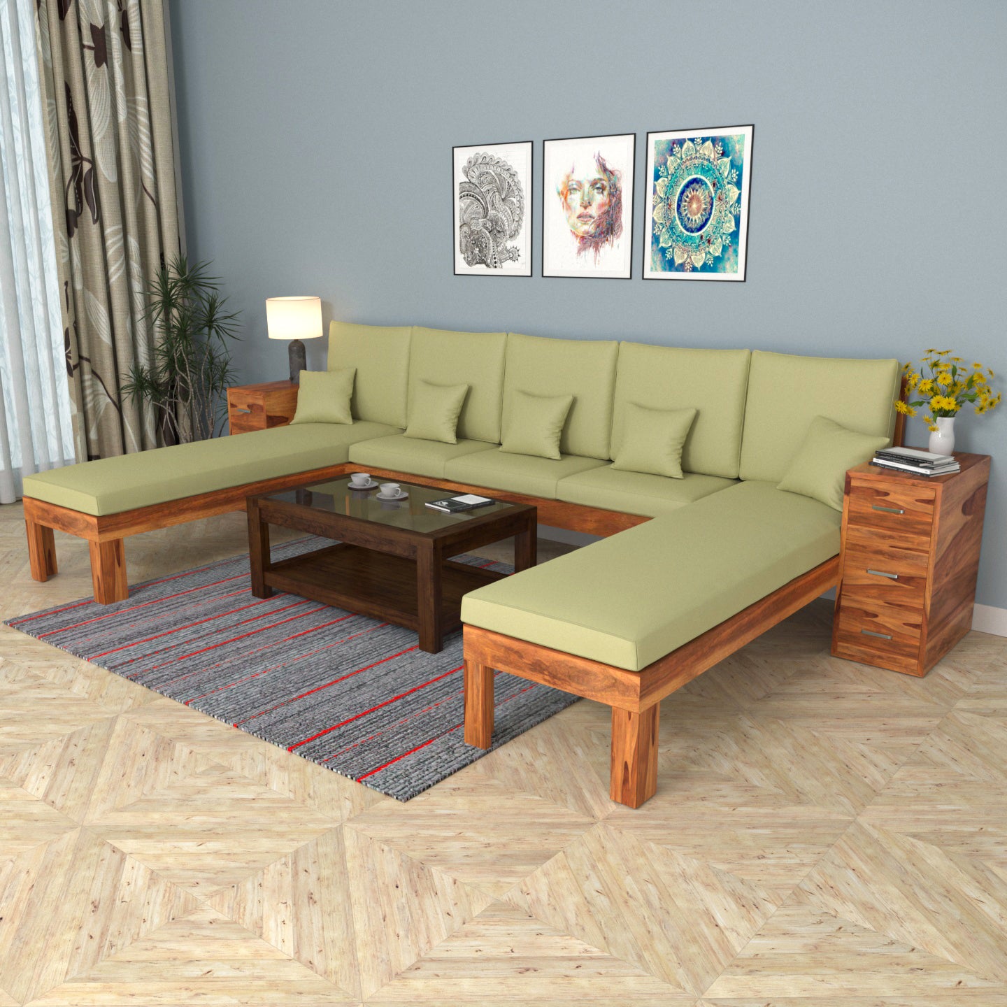 Mint Green 9 Seater Long Wooden Premium Guest Sofa Sofa
