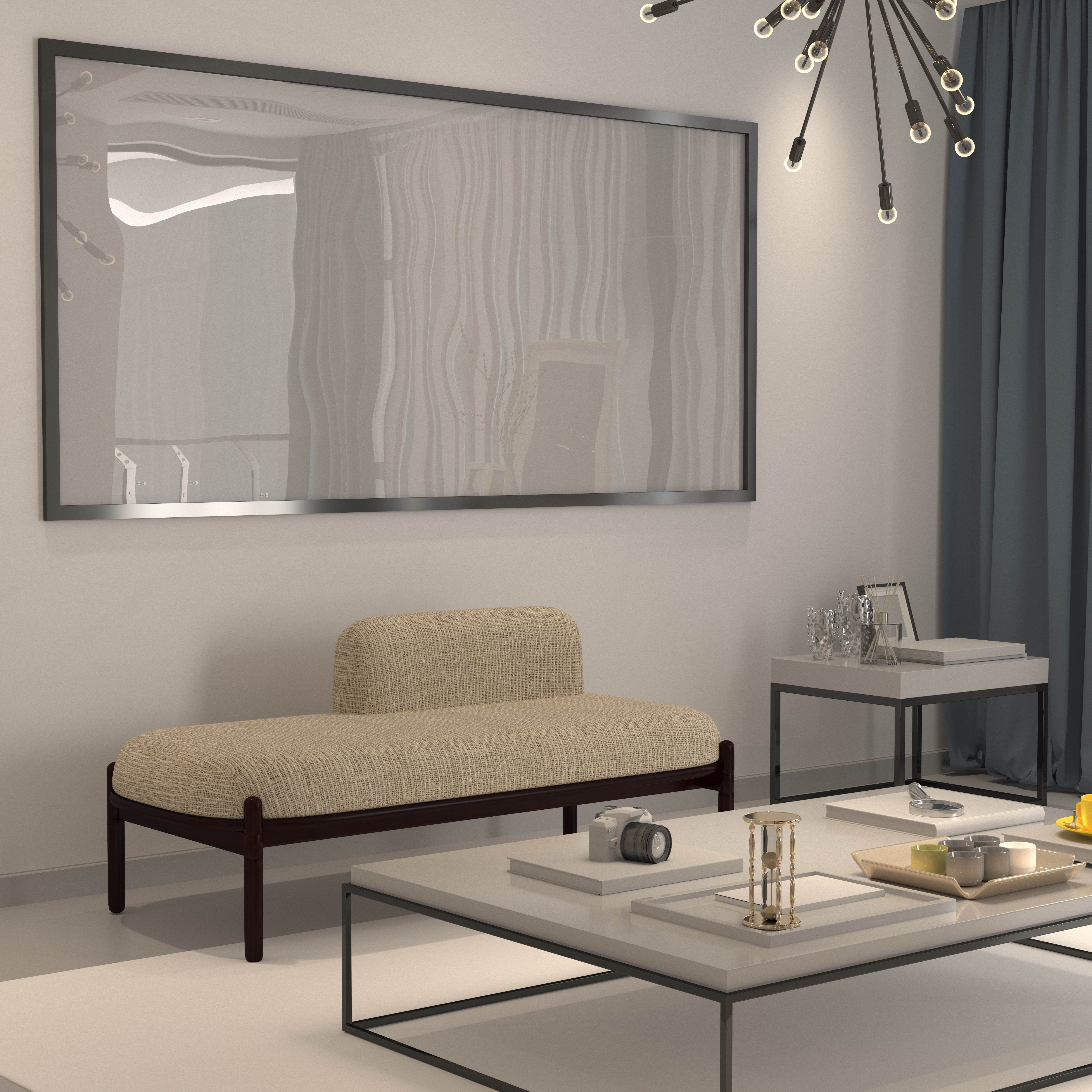 Modern Beige Upholstered Bench with Low Backrest and Dark Wood Frame Bench