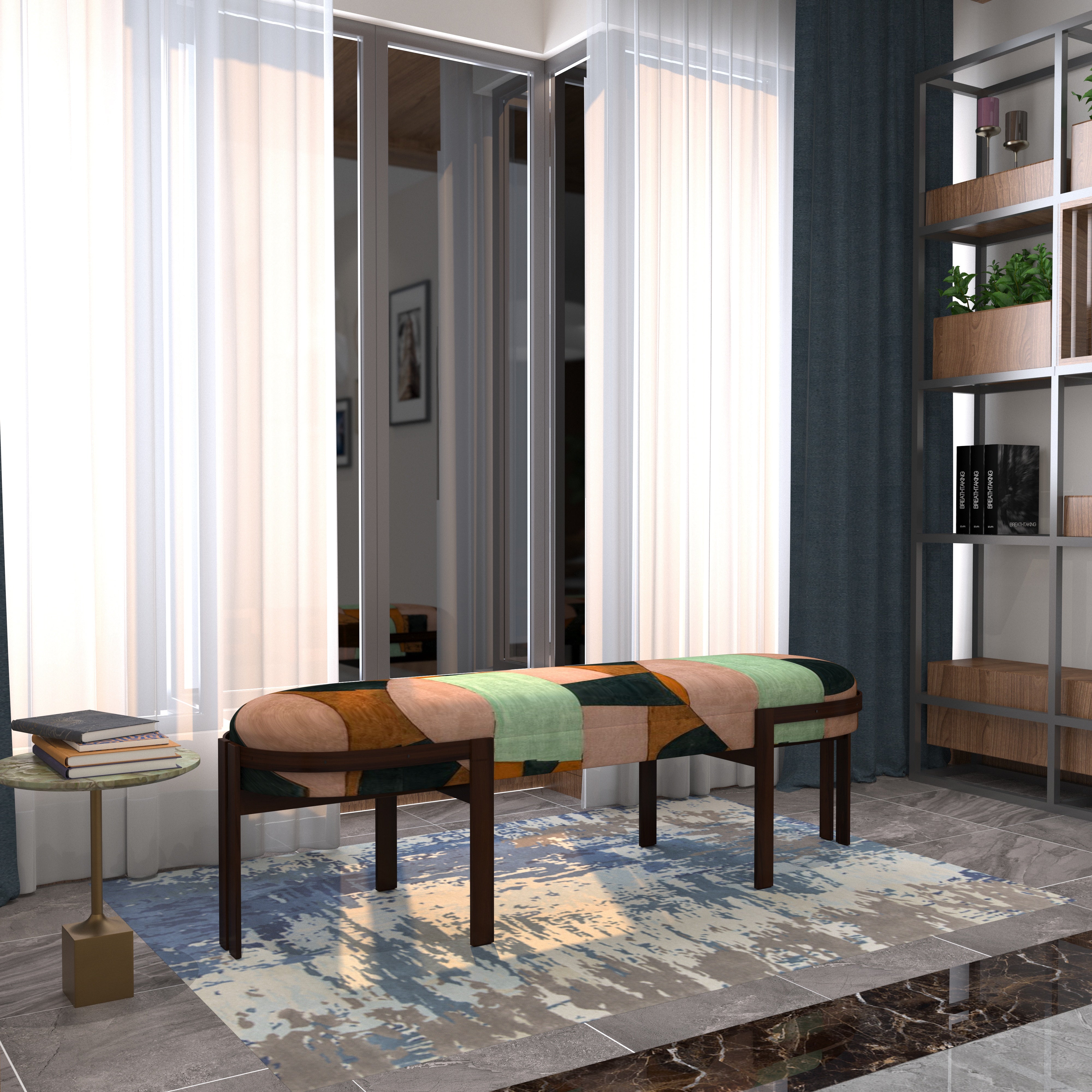 Modern Upholstered Bench with Geometric Patchwork Design Bench
