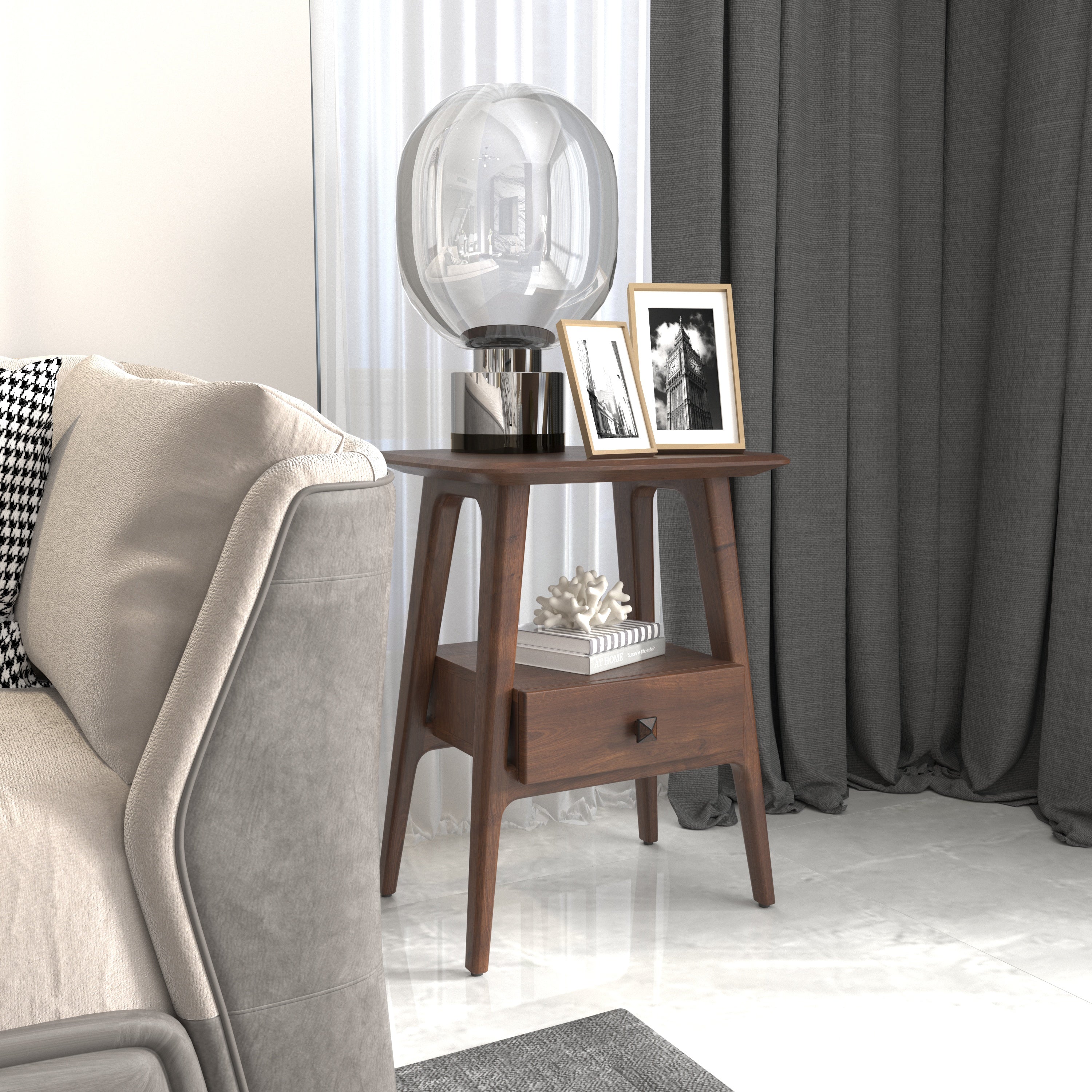 Compact Solid Wood Nightstand with Rounded Top Bedside