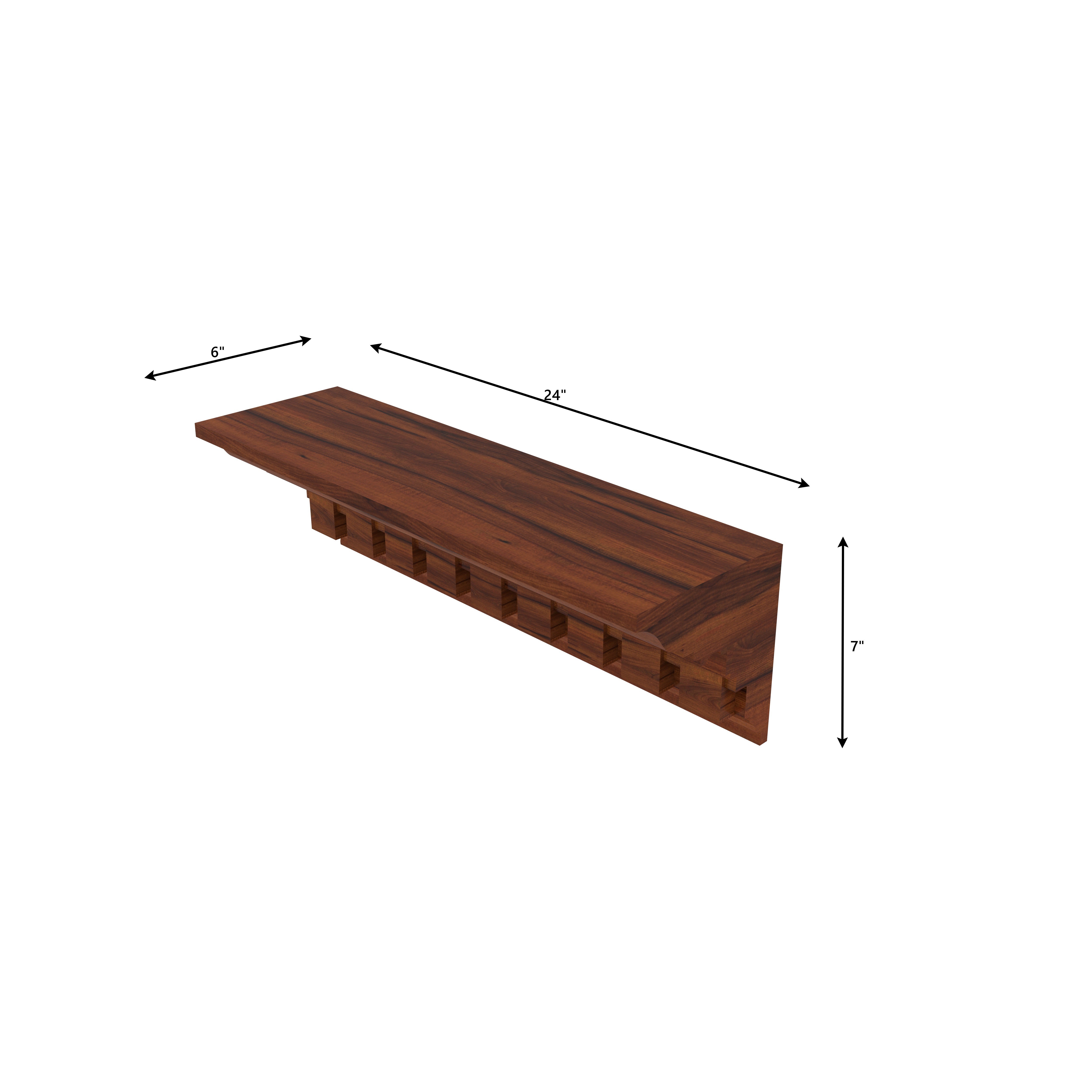 Elegant Teak Finish Wall Shelf with Dentil Crown Moulding Wall Rack