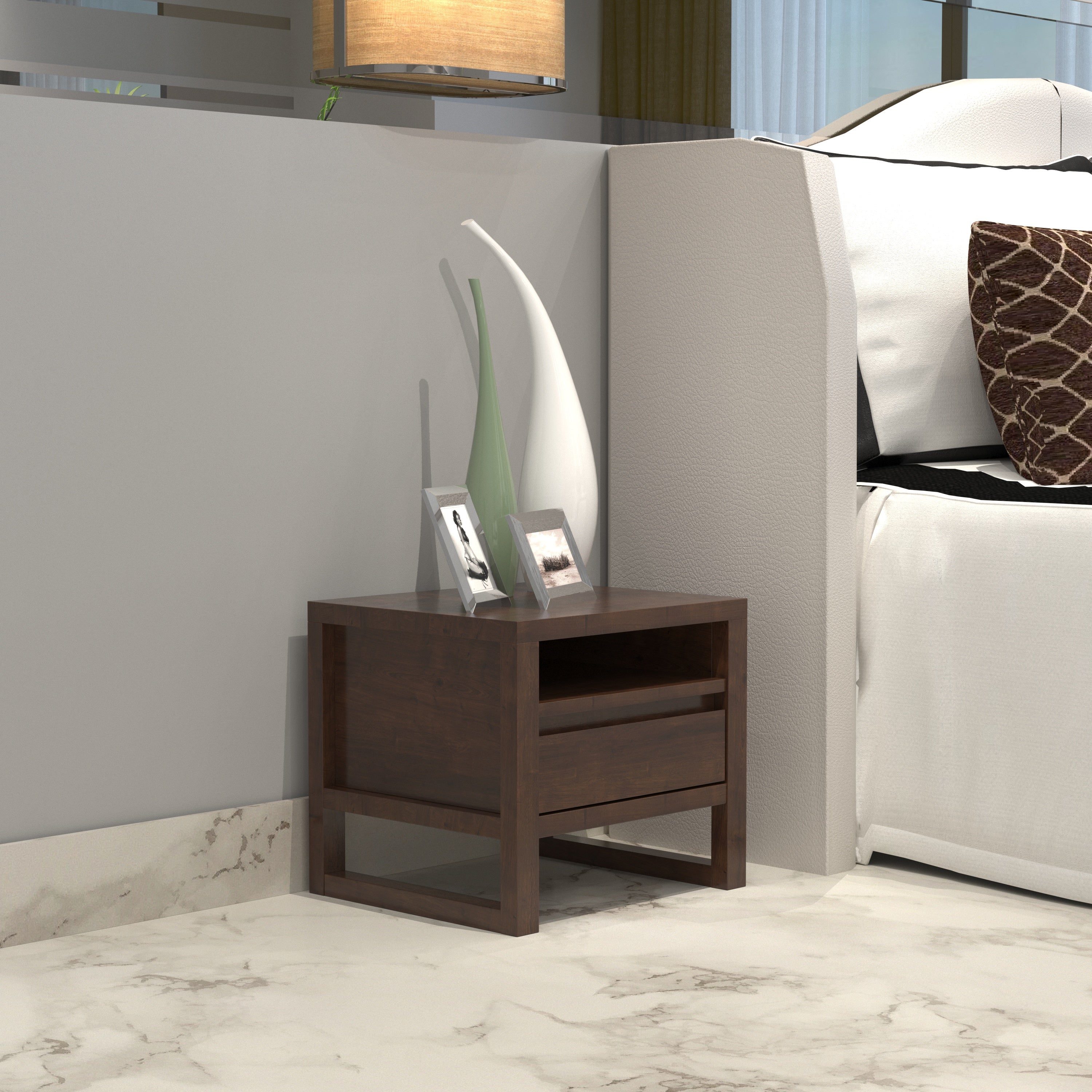 Contemporary Side Table with Open Shelf and Single Drawer Bedside
