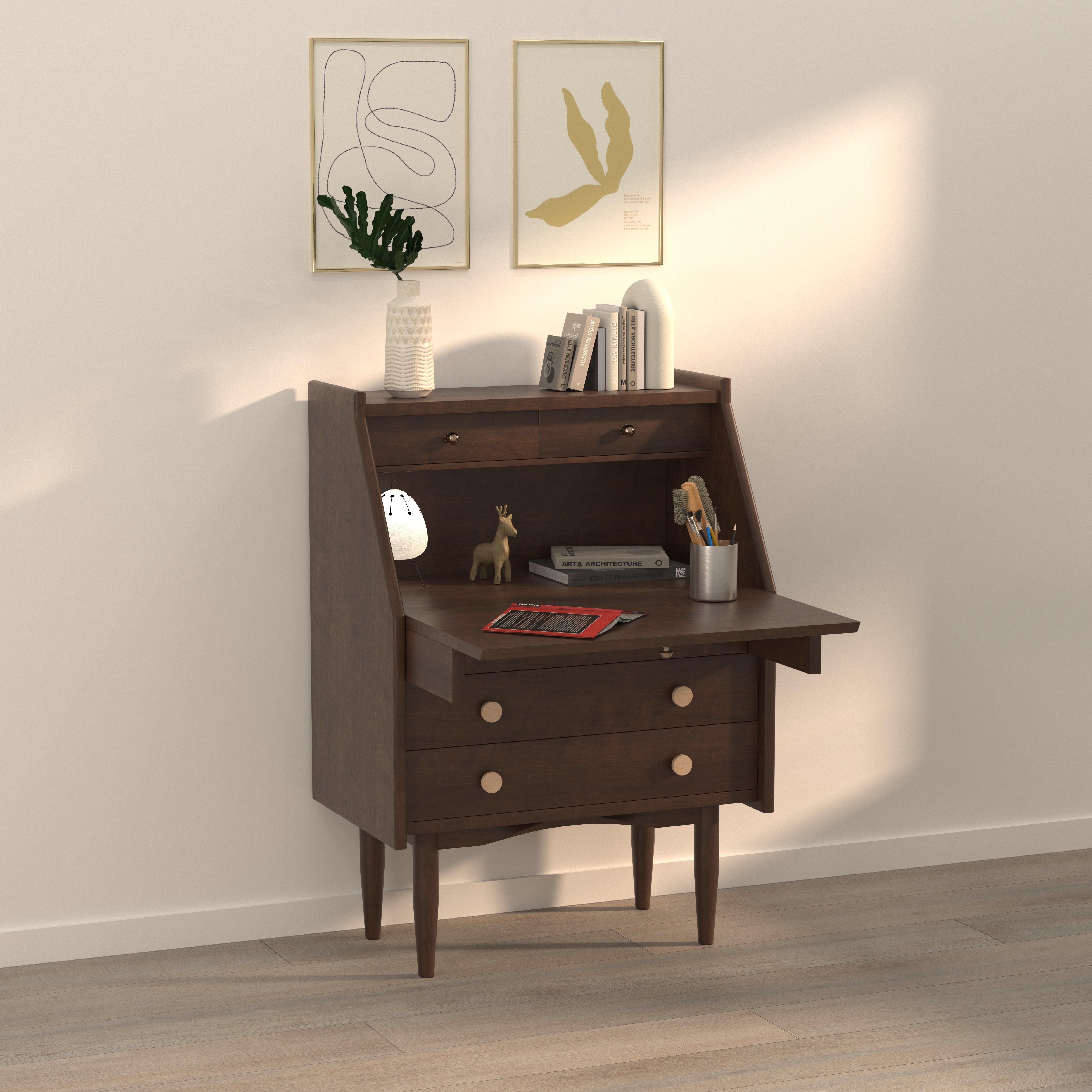 Secretary Desk with Top Display Shelf & Five-Drawer Storage - Espresso Study Table