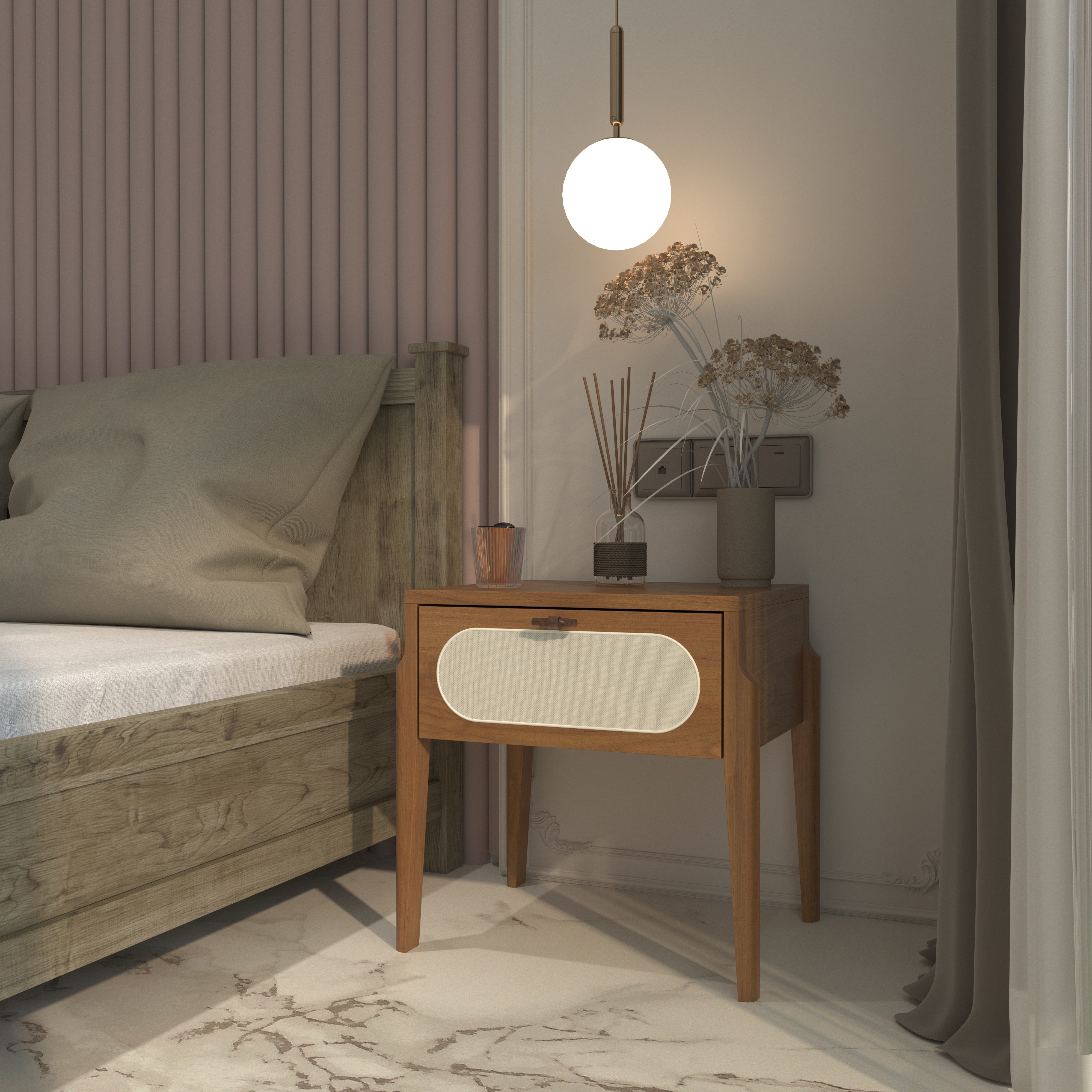 Cane Webbing Bedside Table - Mid-Century Modern Storage Bedside