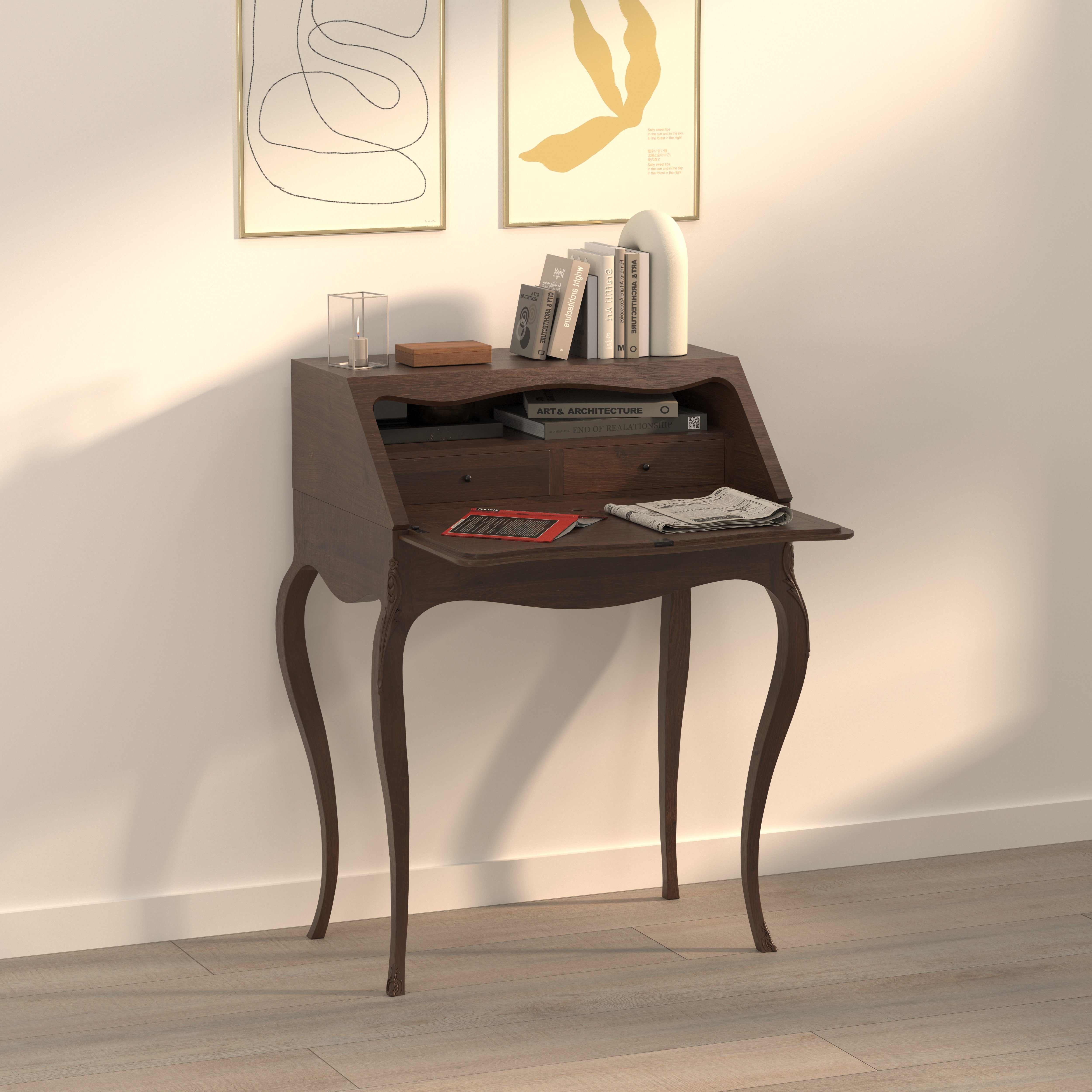 French-Style Secretary Desk with Cabriole Legs - Drop-Front Writing Bureau Study Table