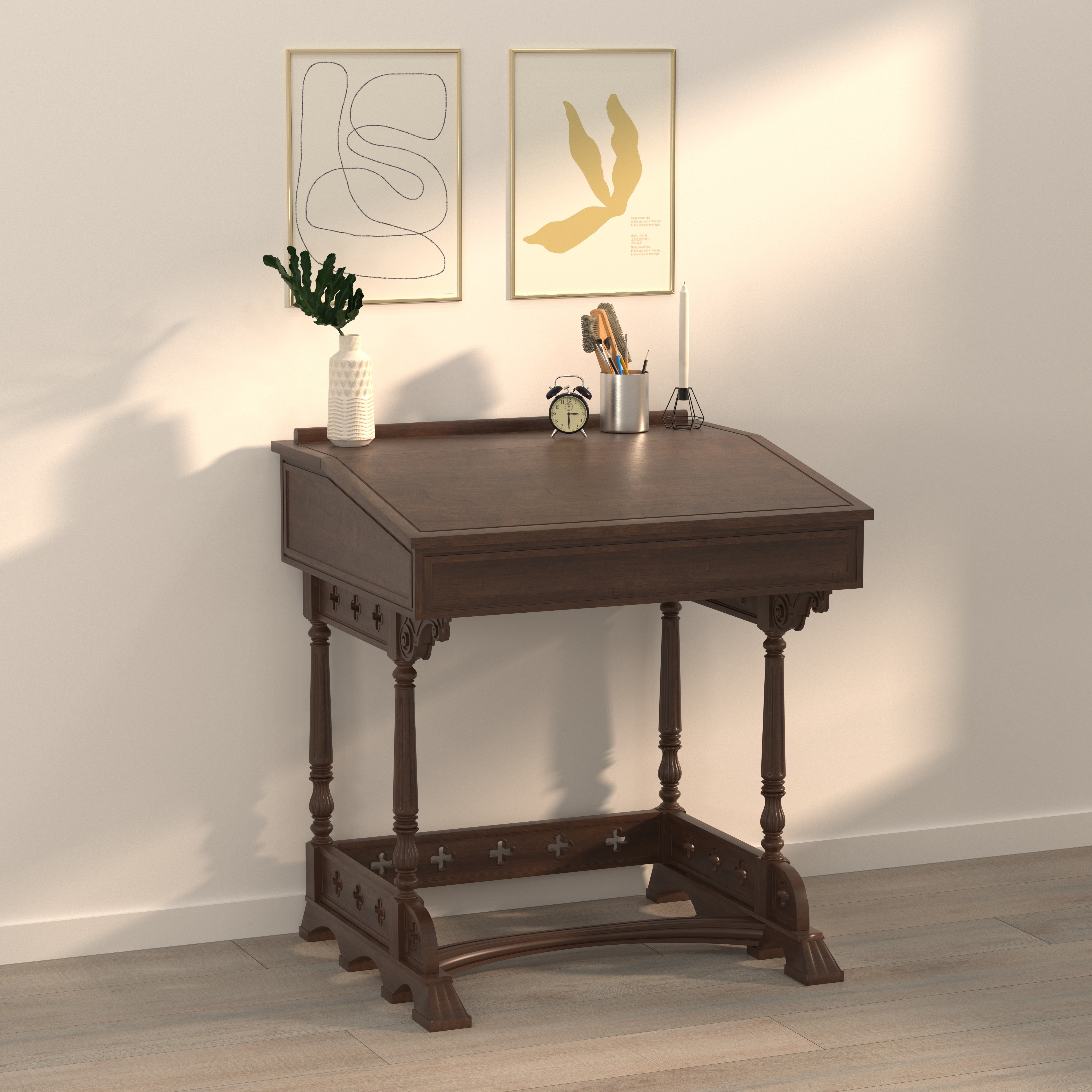 Handcrafted Gothic Altar Table with Cross Cutout Aprons, Turned Legs & Curved Stretcher Study Table