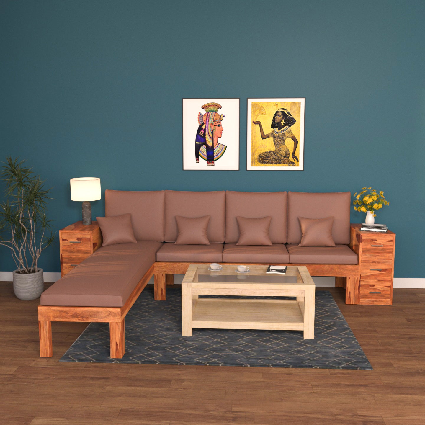 Antique Amber Brown Wooden Six Seater Vintage Sofa Sofa