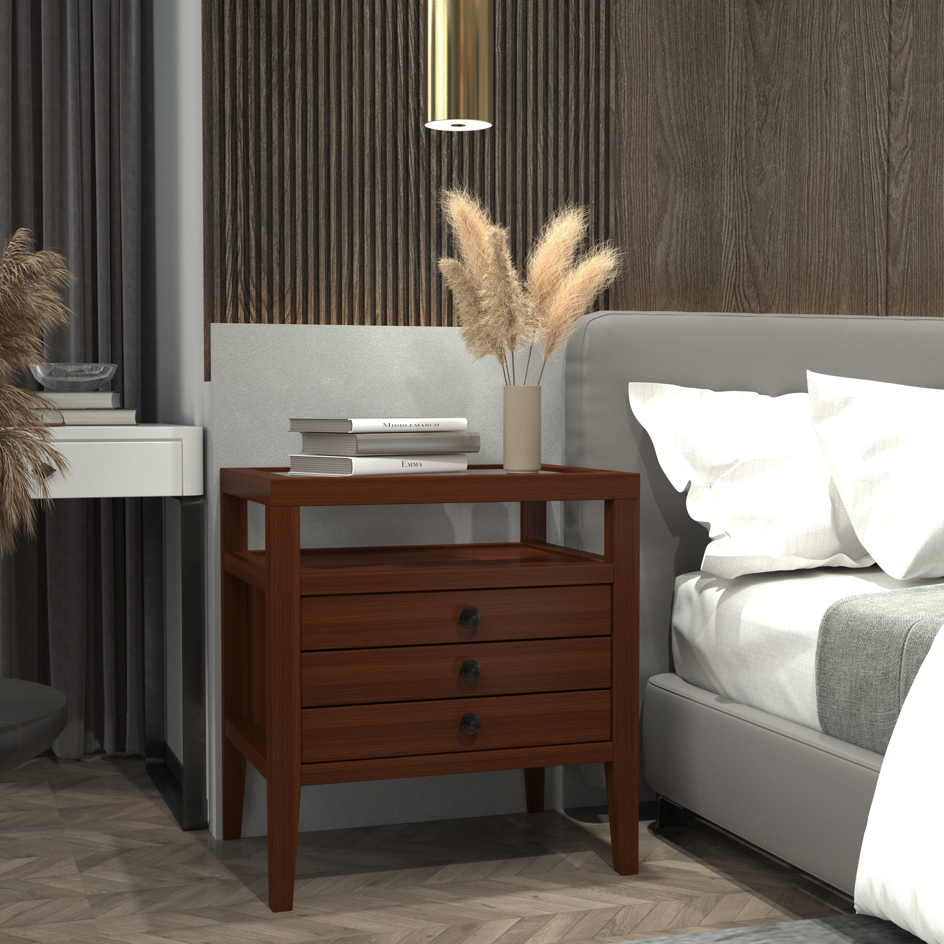 Traditional Three-Drawer Bedside Table with Open Shelf Storage Bedside