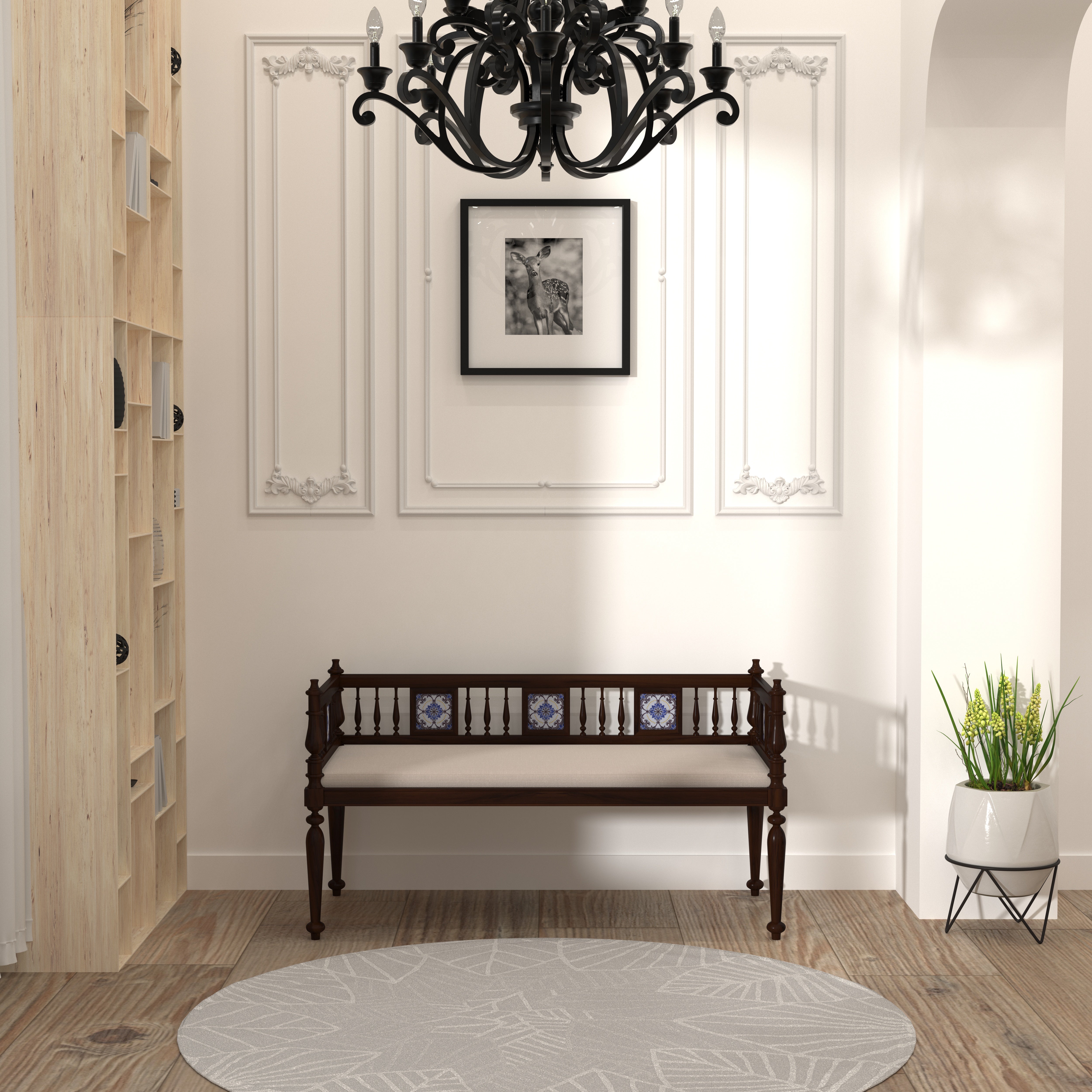 Traditional Wooden Daybed with Handcrafted Spindles & Ceramic Tile Inlay Bench