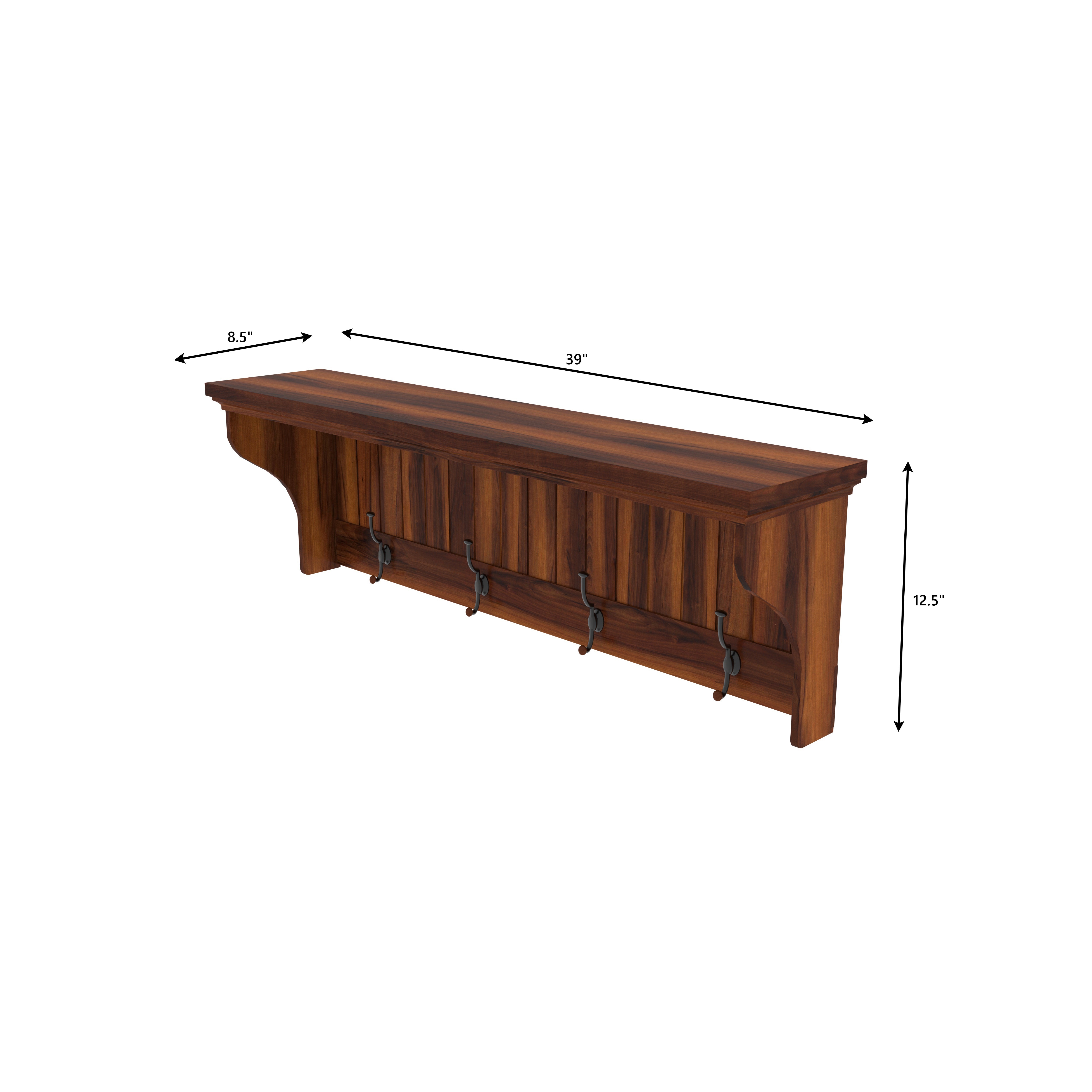 Vintage Teak Wood Wall Shelf with Iron Hooks Wall Rack