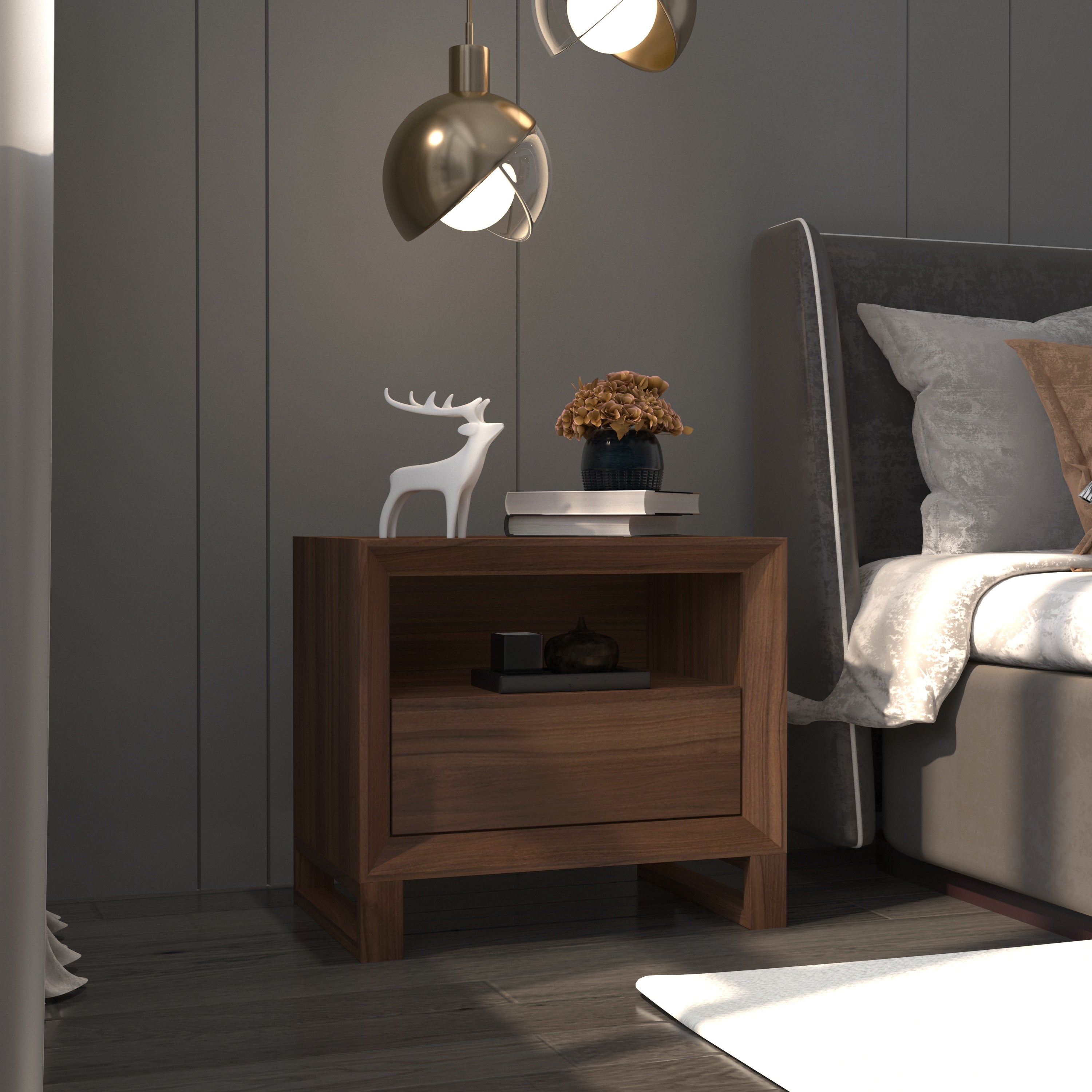 Modern Bedside Table with Open Shelf and Single Drawer Storage