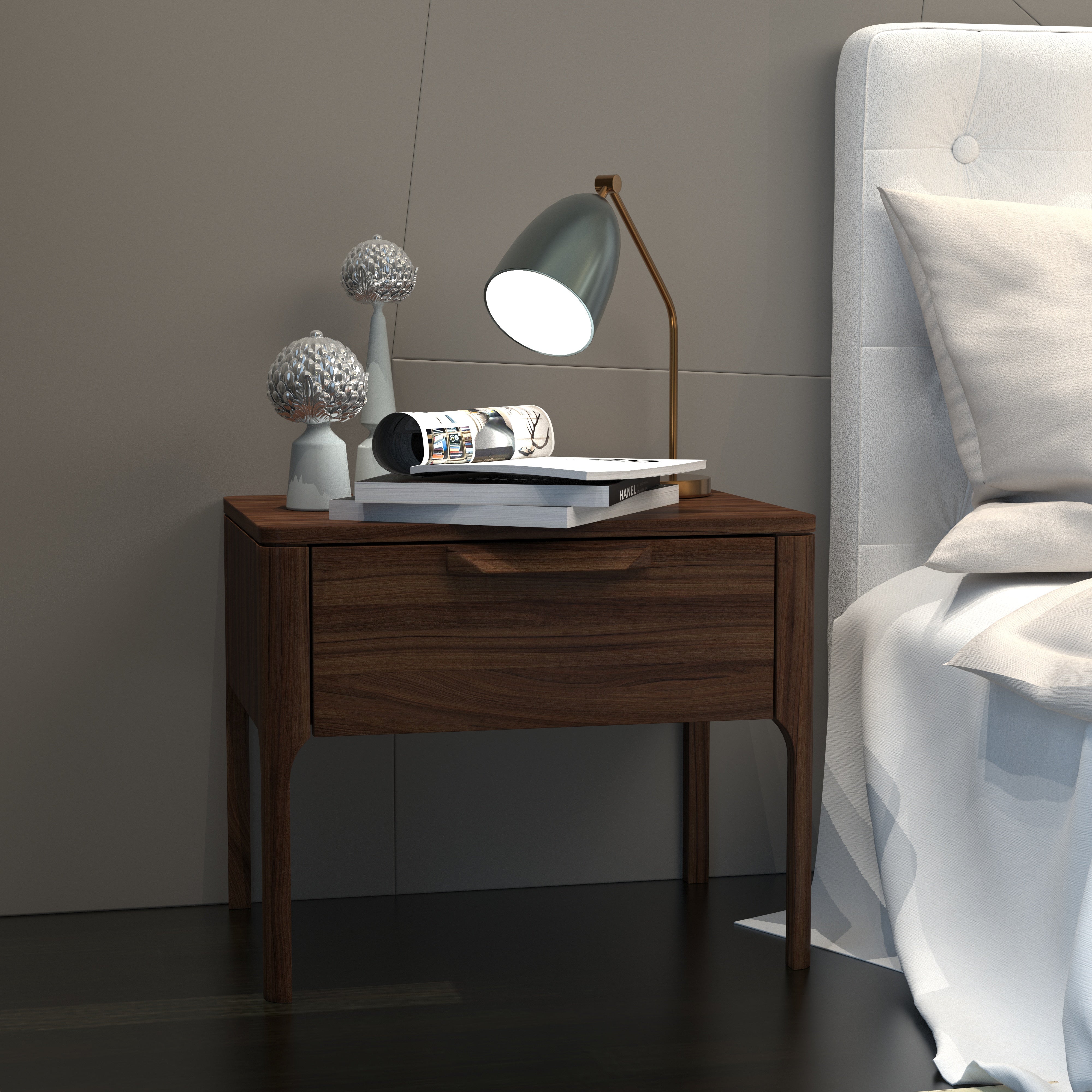Mid-Century Modern Single Drawer Bedside Table with Recessed Handle Bedside