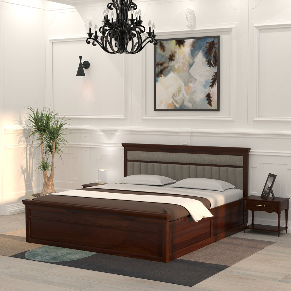 Handcrafted Wooden Hydraulic Bed with Cushion Headboard