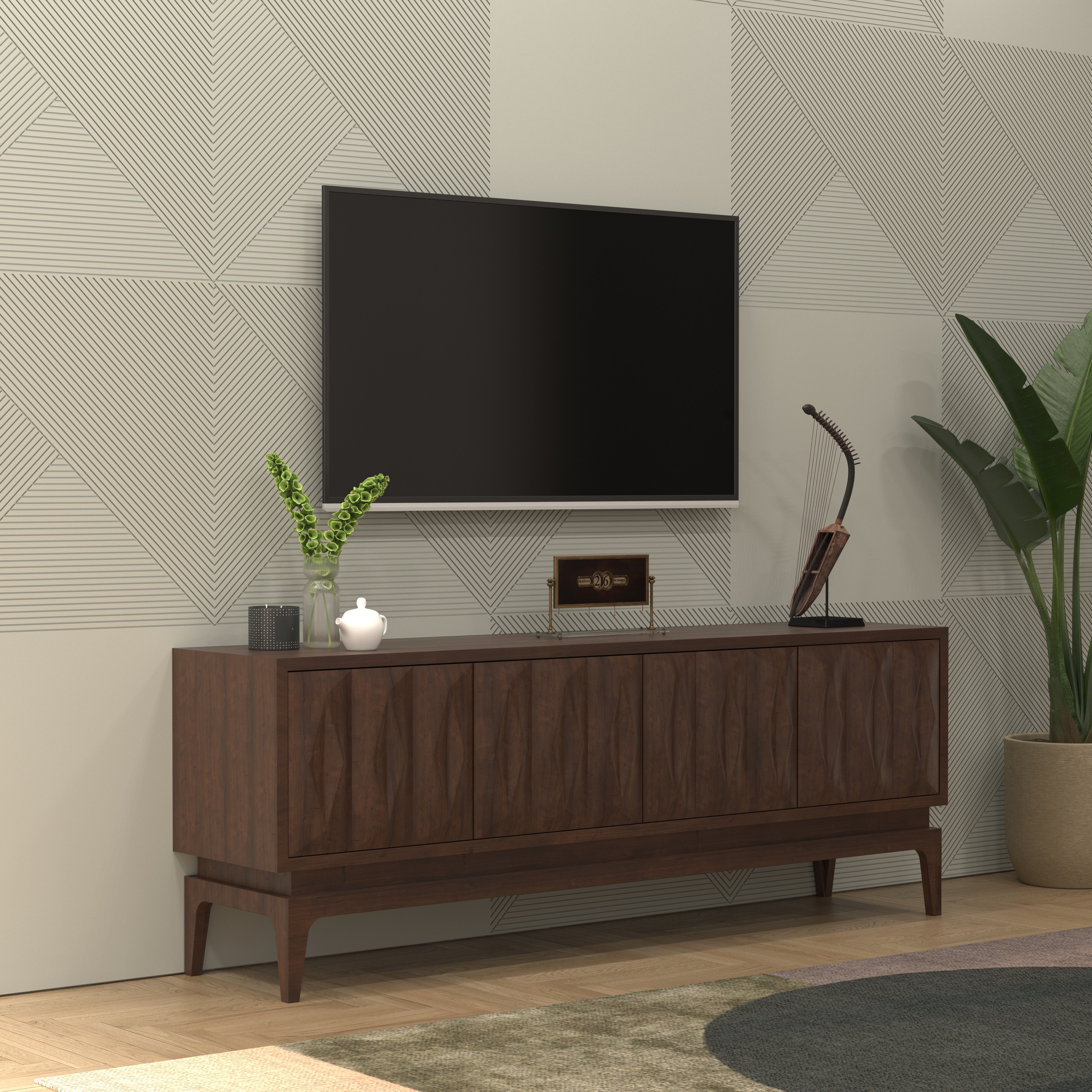 Vertical Grooved Wooden TV Stand - Mid-Century Modern Media Console Tv stand