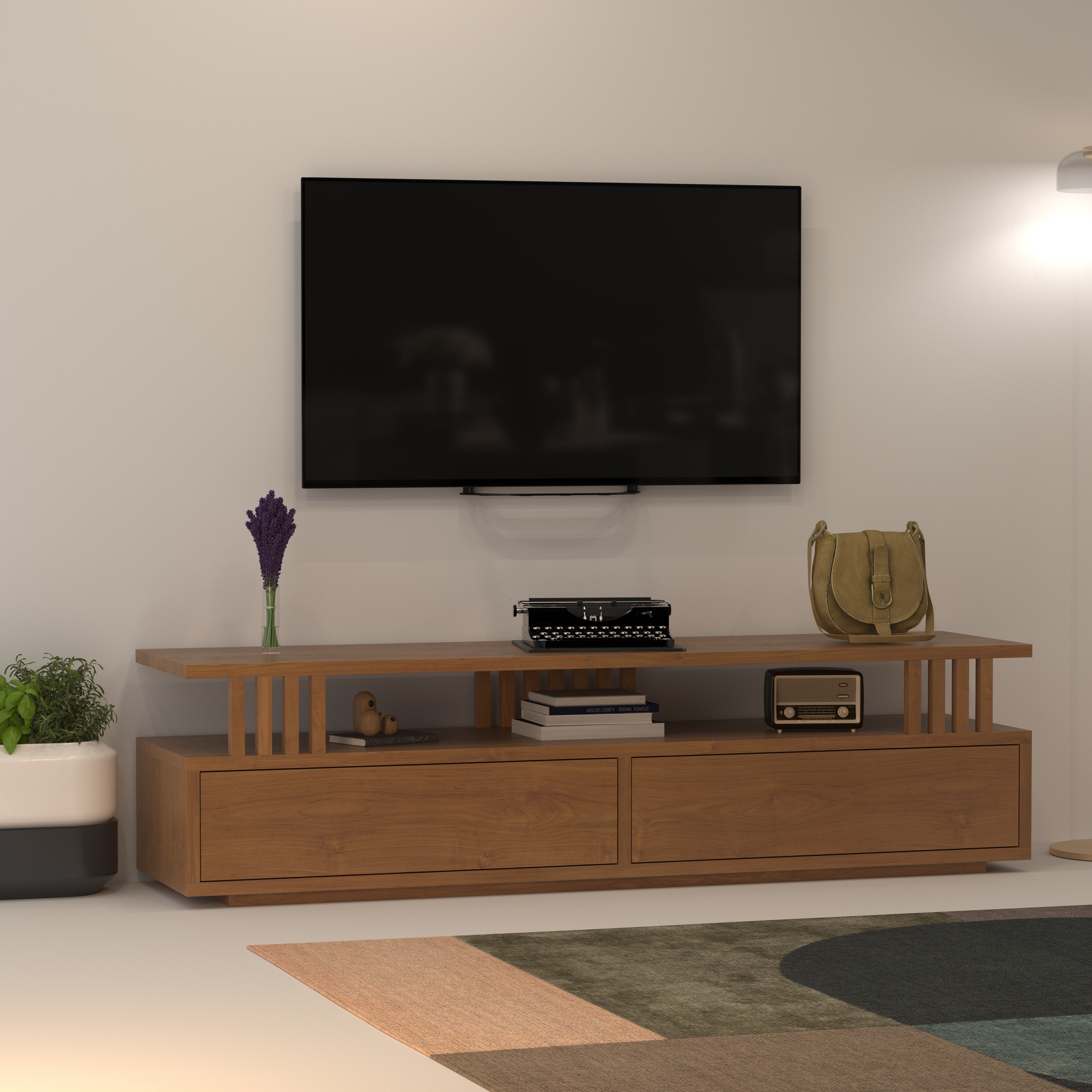 Two-Tier TV Console with Vertical Slat Design - Modern Media Unit Tv stand