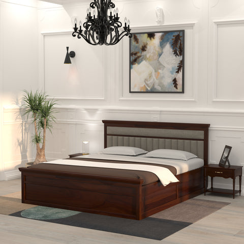 Handcrafted Wooden Storage Bed with Cushion Headboard