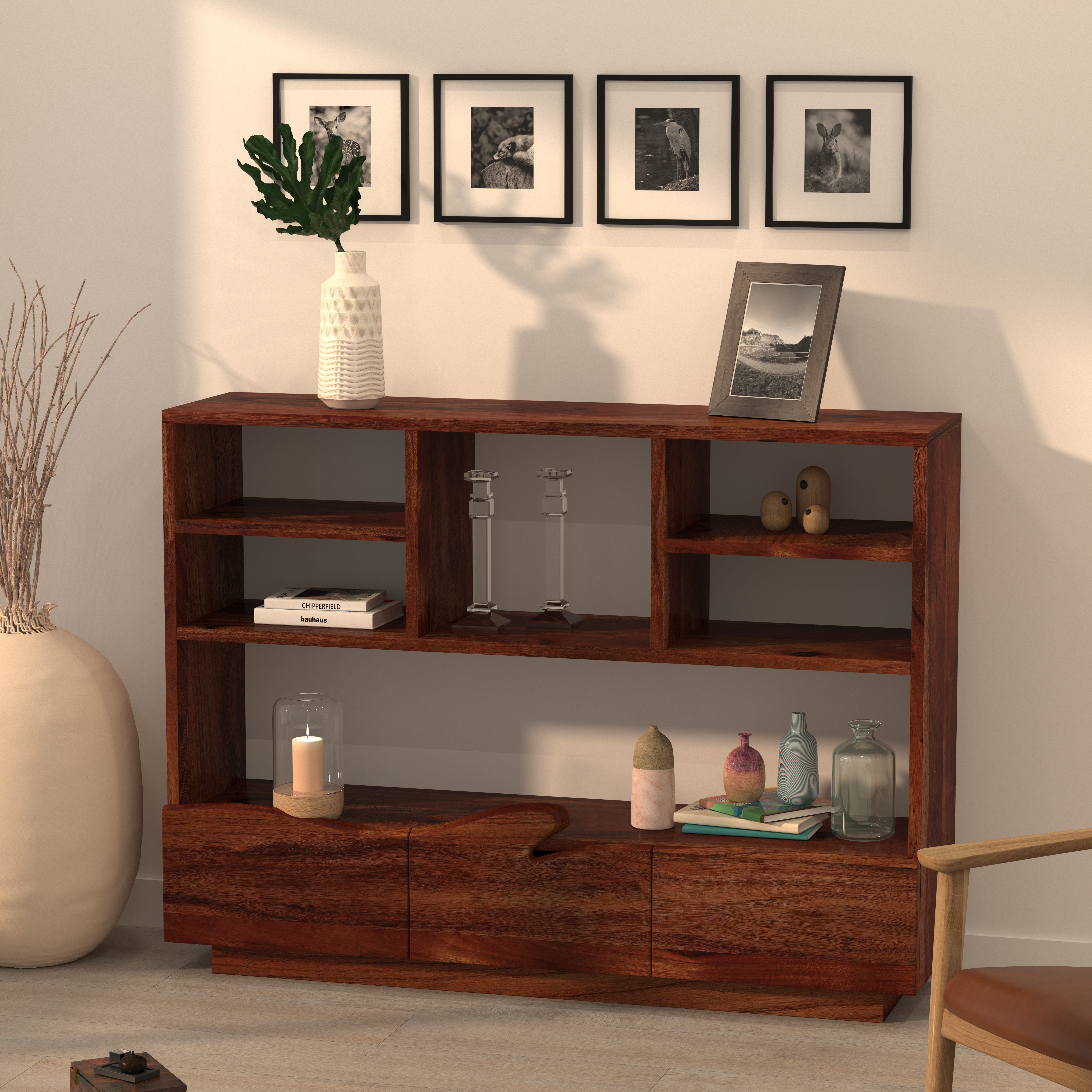 Wooden Display Rack with Shelves and Drawers - Handcrafted Storage Unit Book Rack