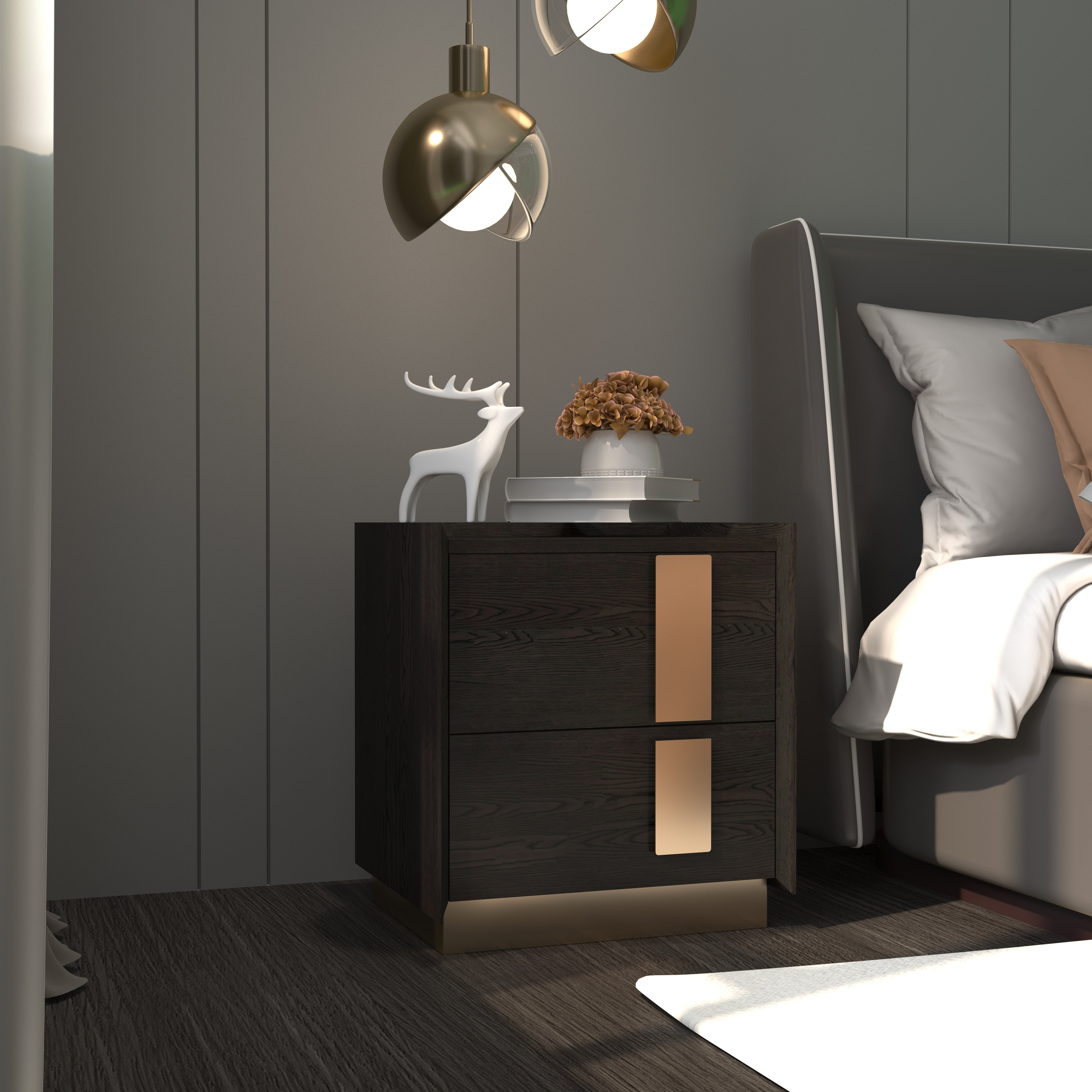Luxury Two-Drawer Bedside Table with Gold Accent Handles Bedside