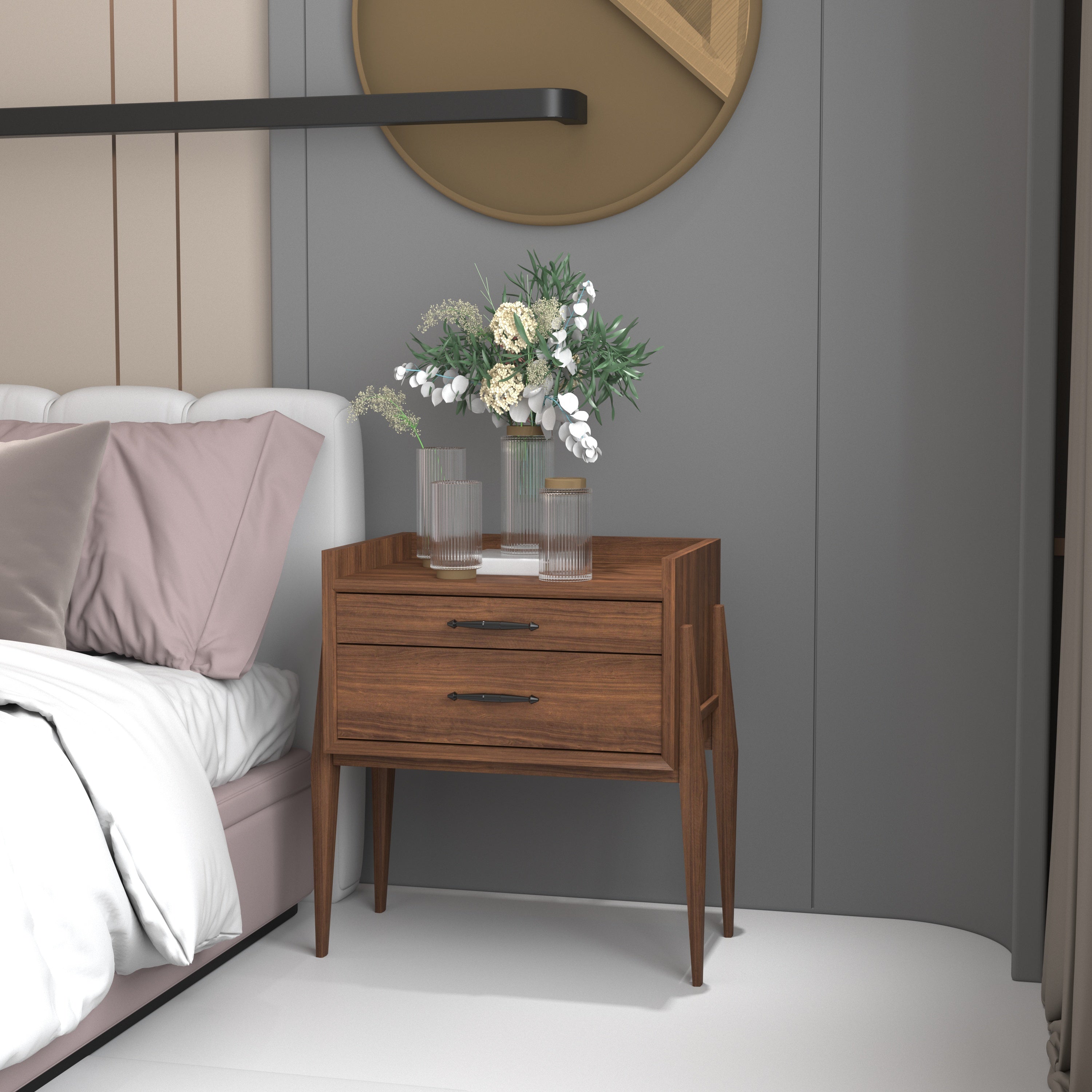 Mid-Century Modern Two-Drawer Bedside Table with Tapered Legs Bedside