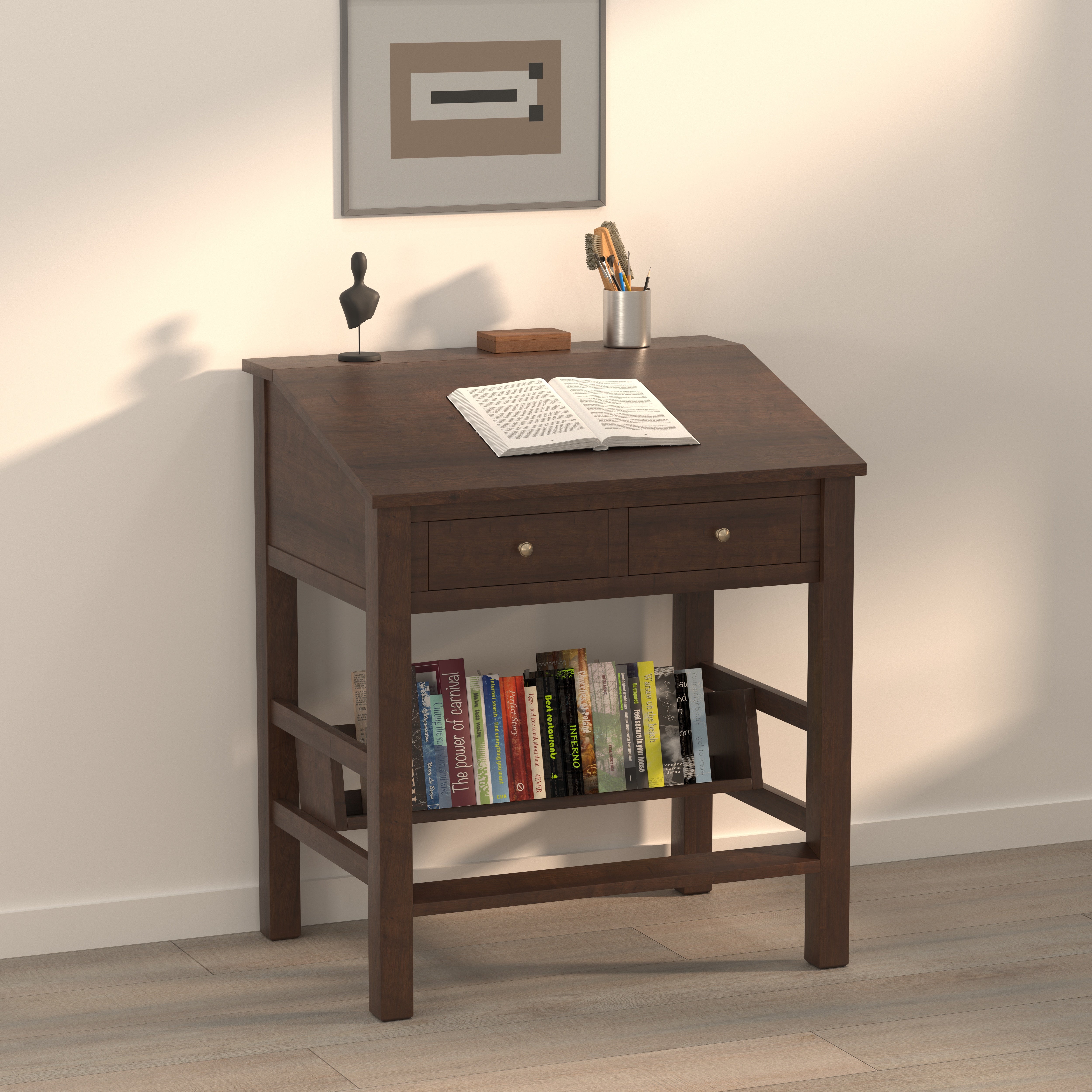 Slanted Top Study Desk with Drawers & Book Shelf - Draughtsman Style Study Table