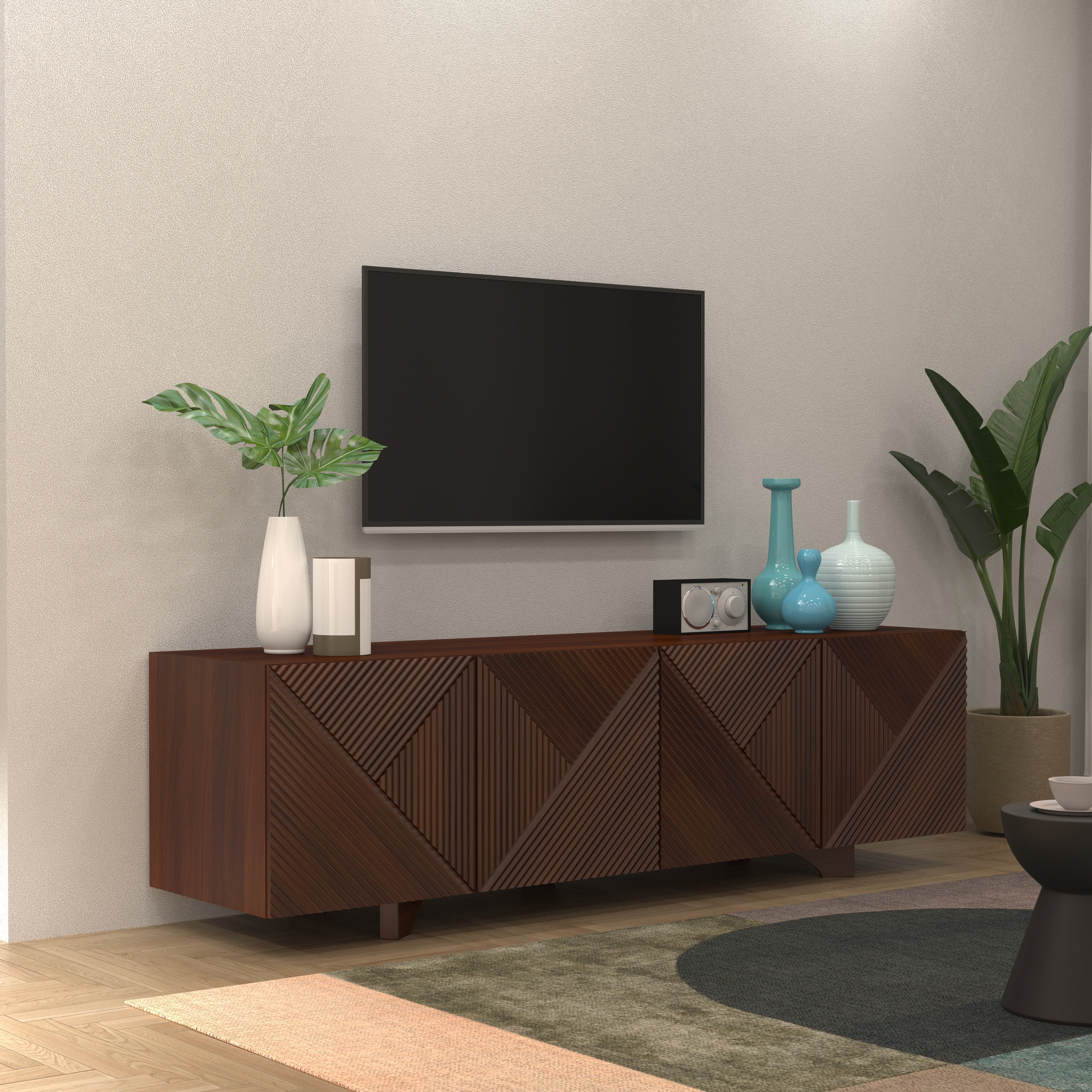 Geometric Carved Wooden TV Console - Modern Media Cabinet Tv stand