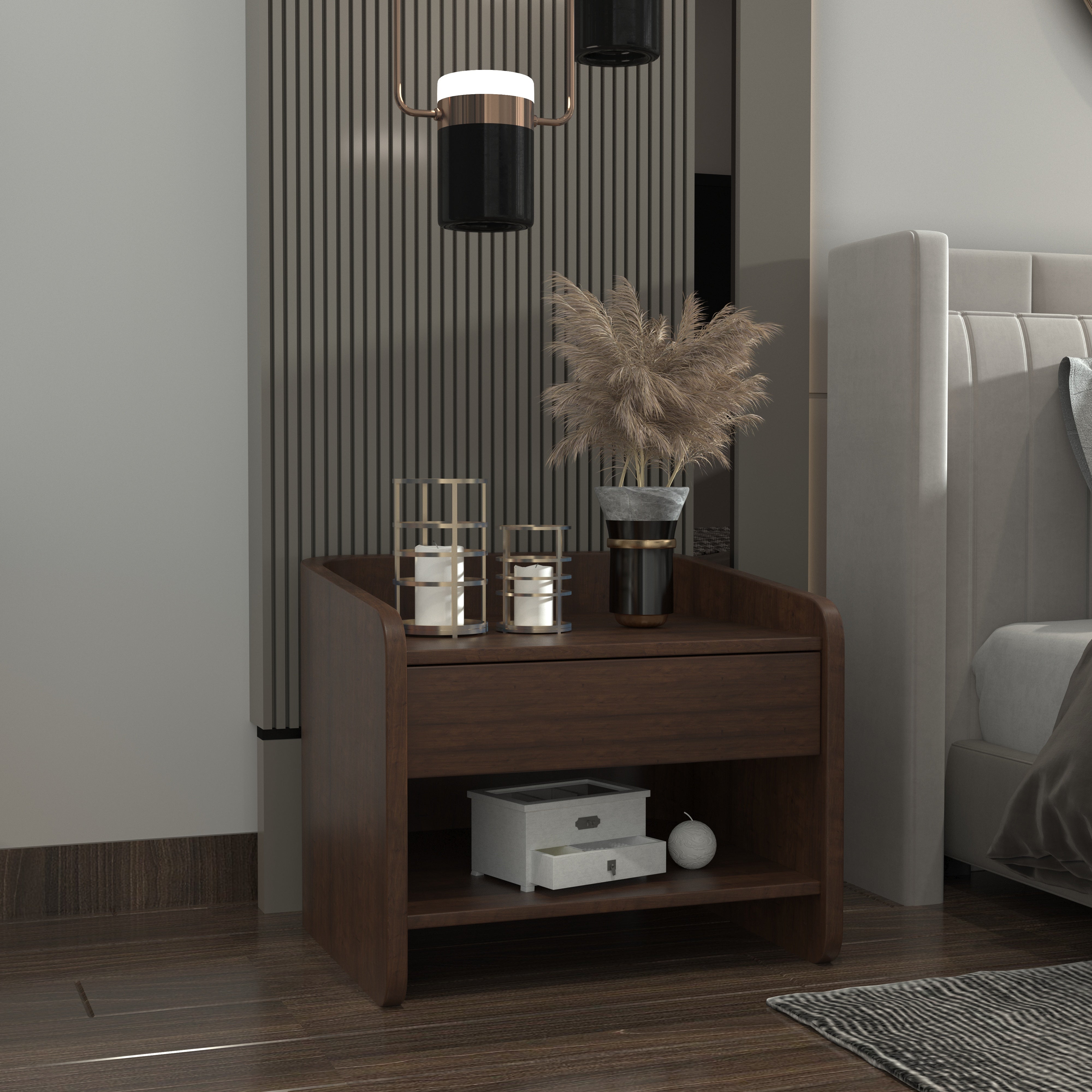 Modern Bedside Table with Single Drawer and Open Shelf Storage Bedside
