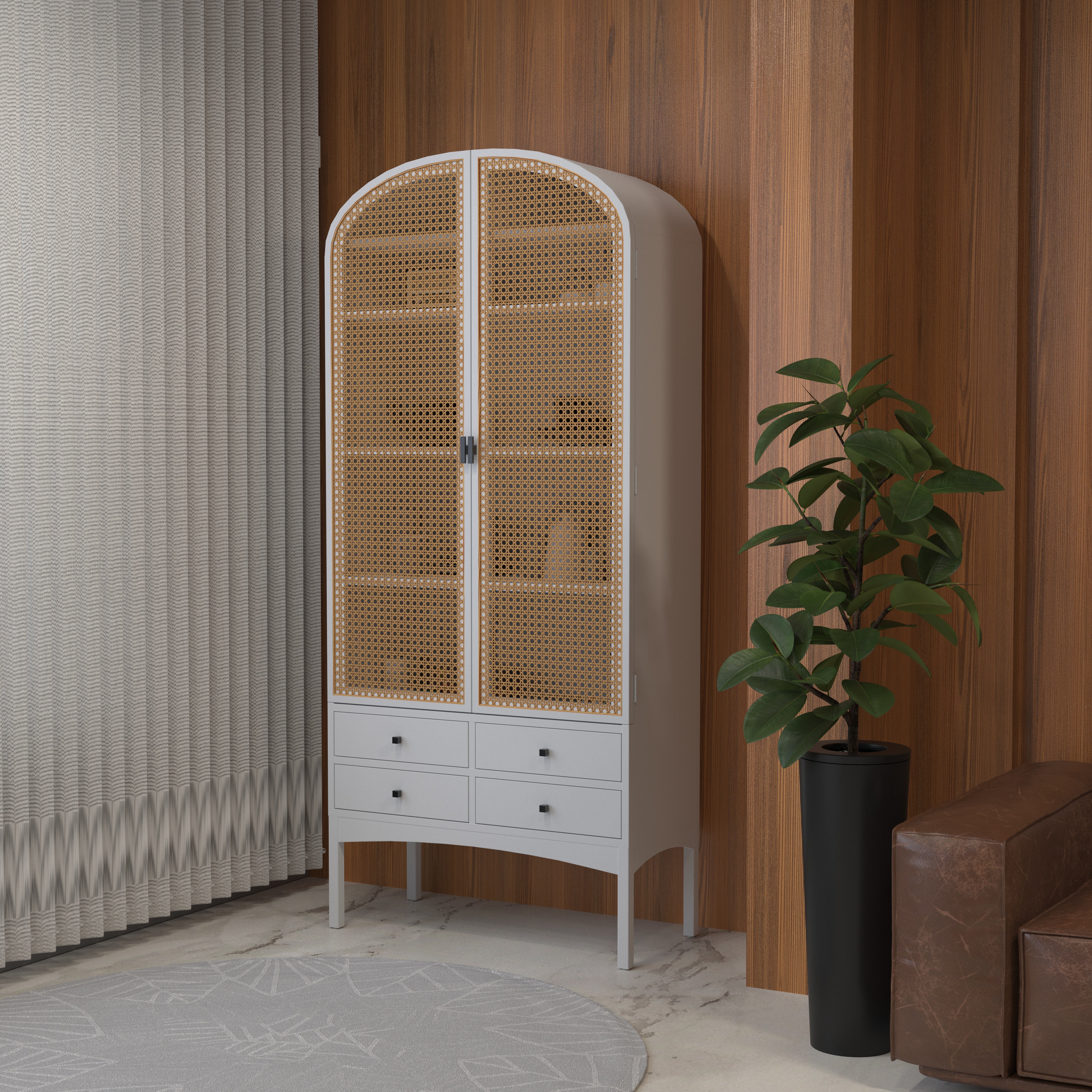 Monaco Arched Armoire with Cane Panels Wardrobe