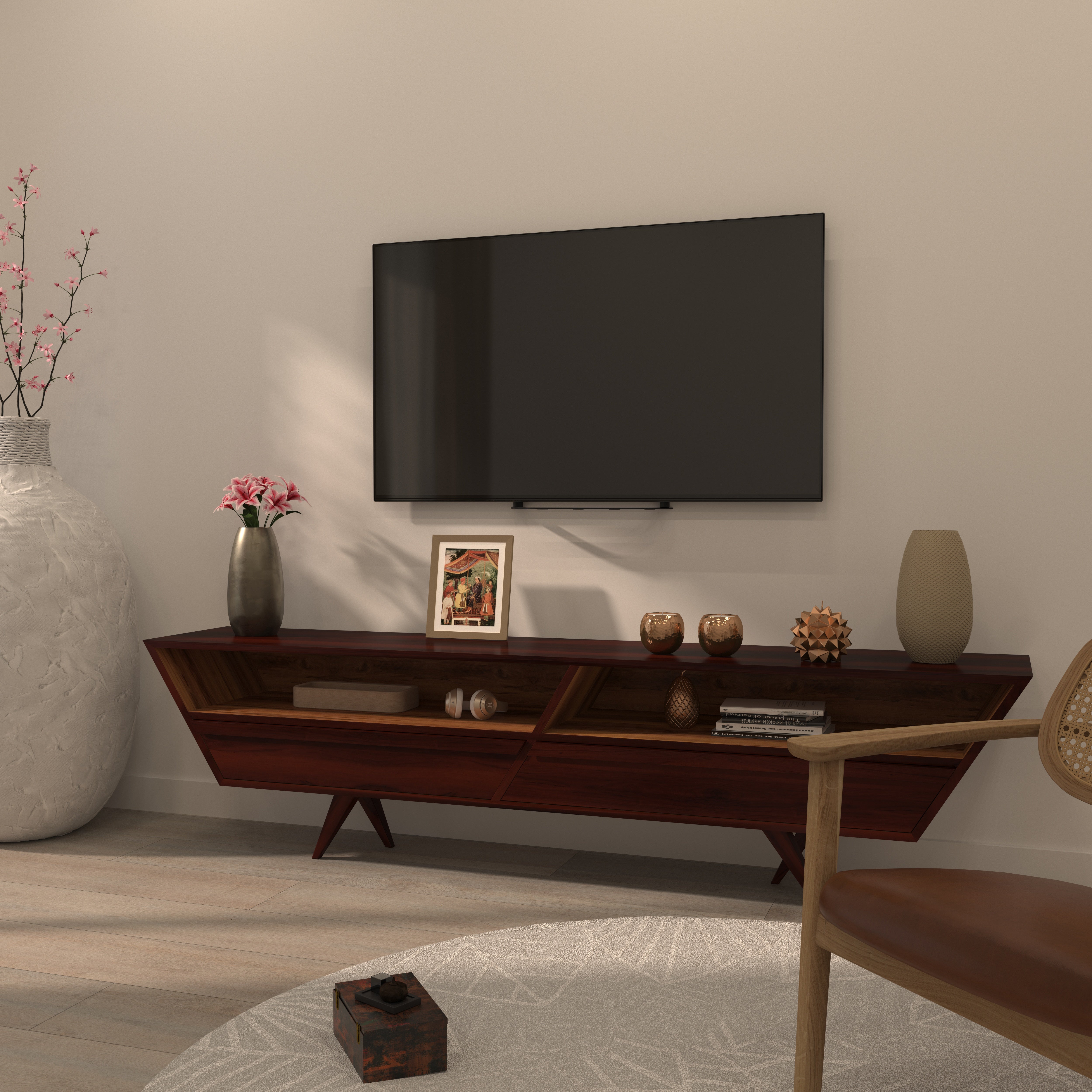 Mid-Century Modern TV Stand with Angular Design - Walnut Wood Entertainment Console Tv stand