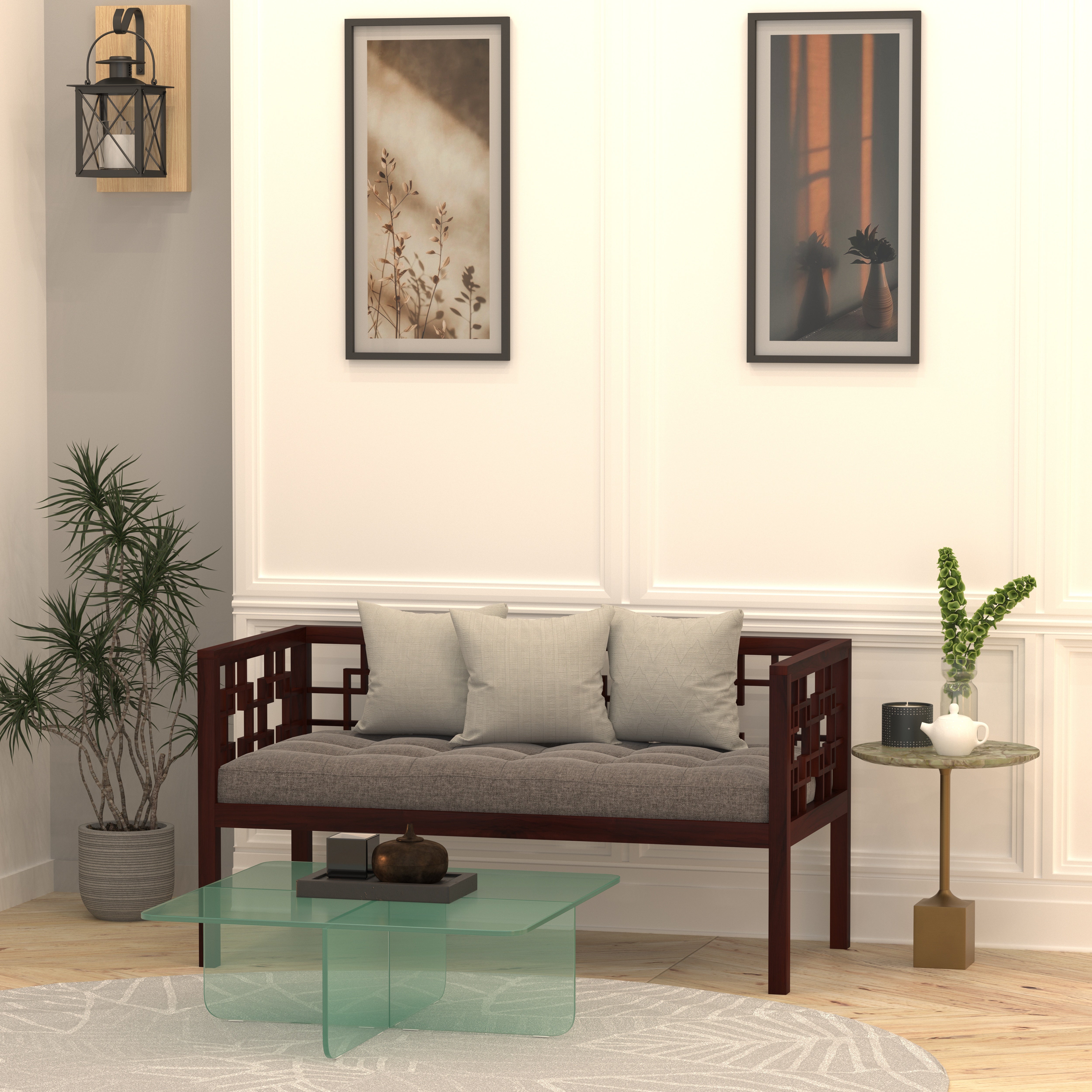 Contemporary Wooden Bench with Geometric Cutout Design & Tufted Cushion Bench
