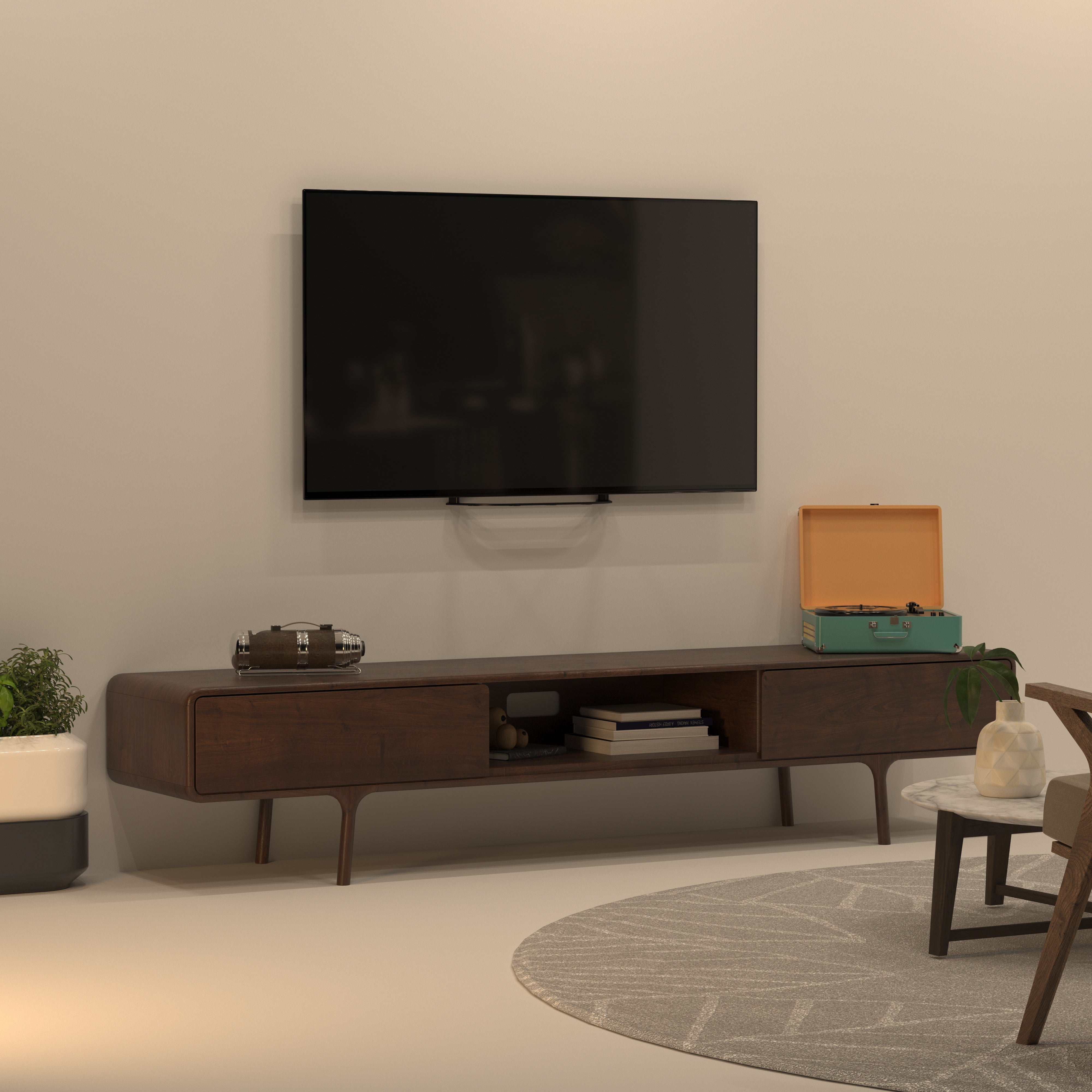 Retro Modern Wooden TV Stand - Curved Edge Entertainment Console with Storage Tv stand