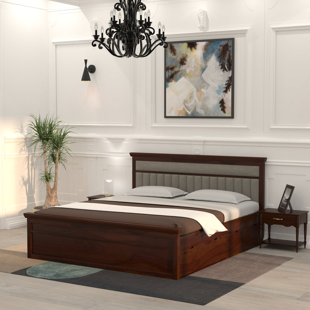 Handcrafted Wooden Drawer Storage Bed with Cushion Headboard