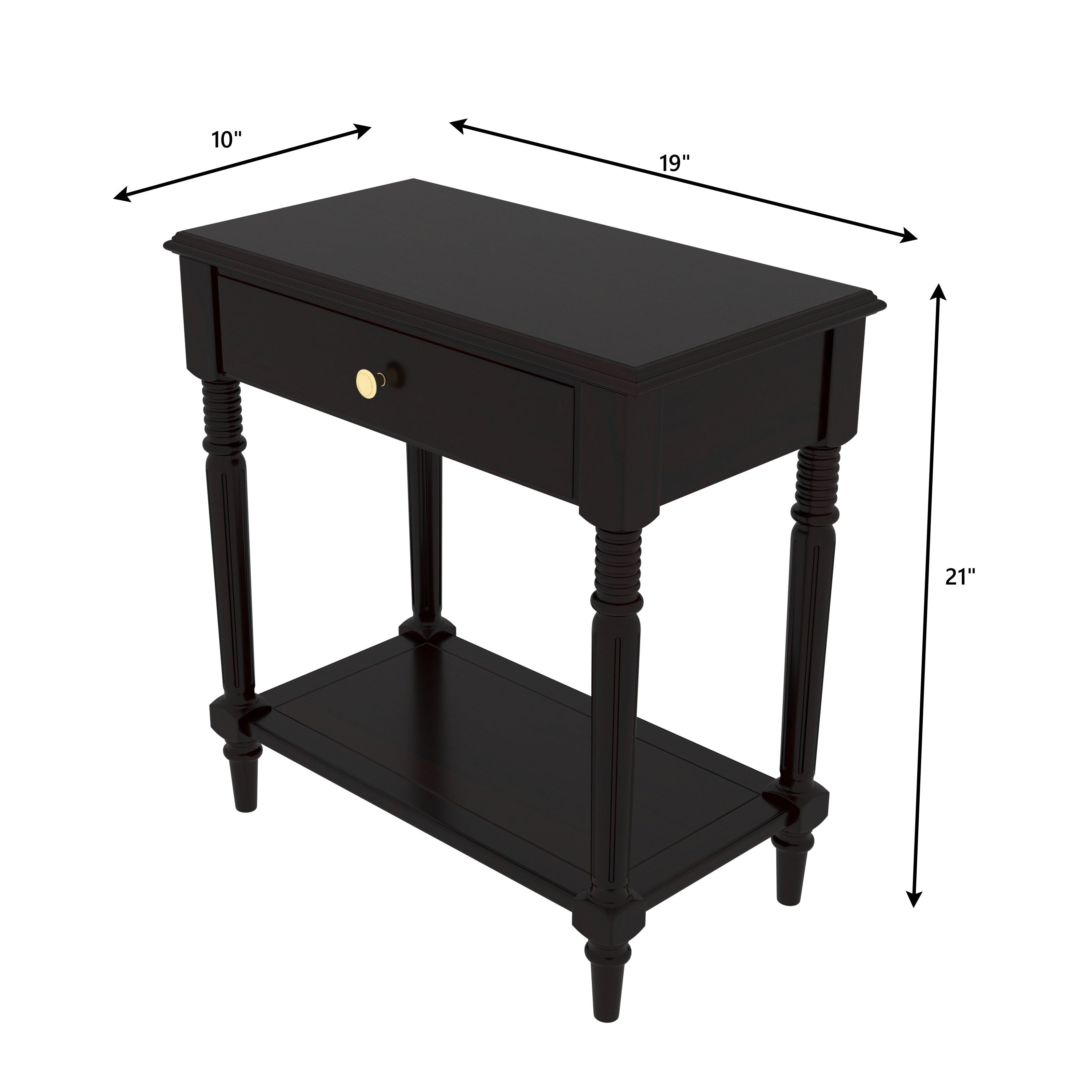 Classic Black Bedside Table with Turned Legs & Brass Knob Bedside