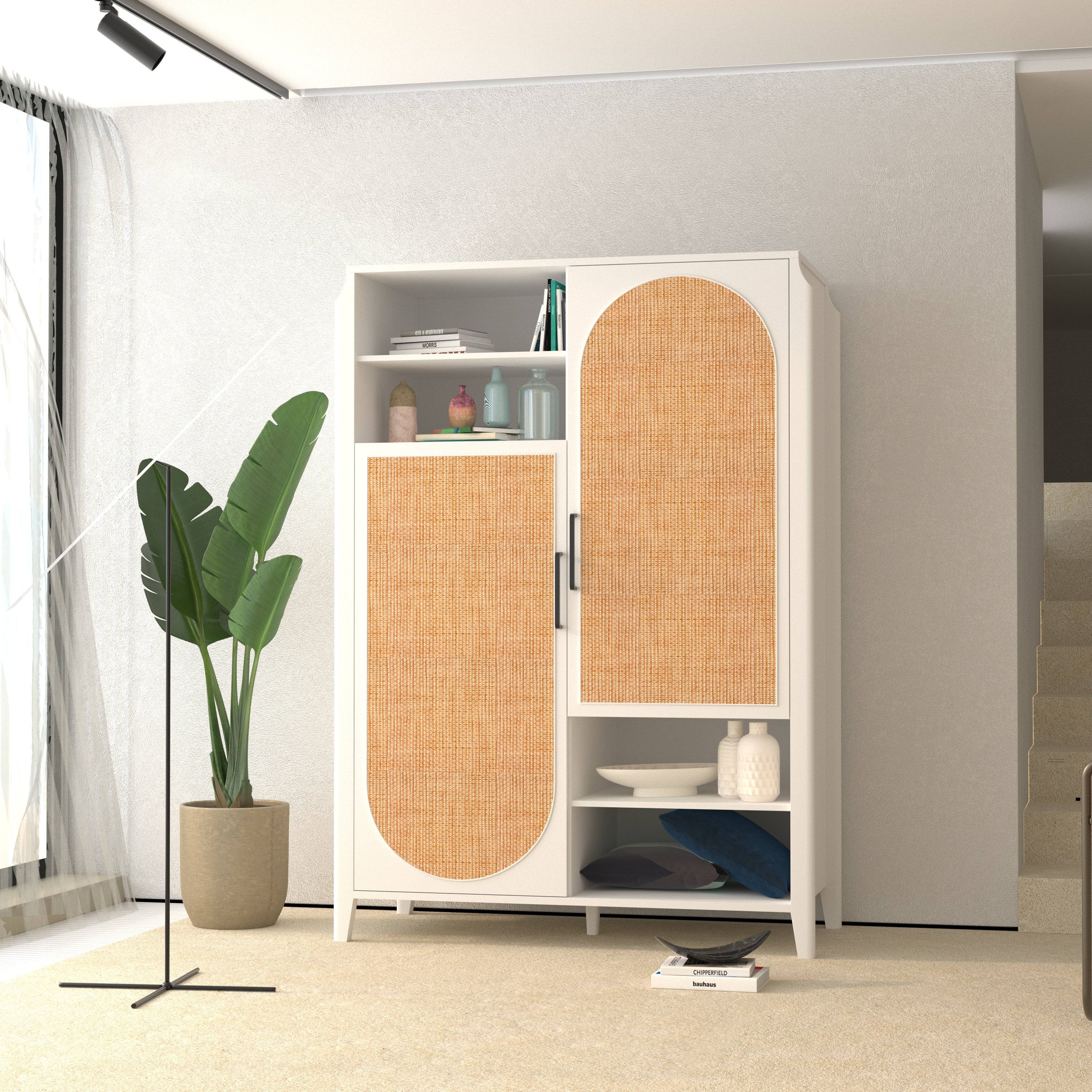 Amsterdam Asymmetric Storage Unit with Curved Cane Panels Wardrobe