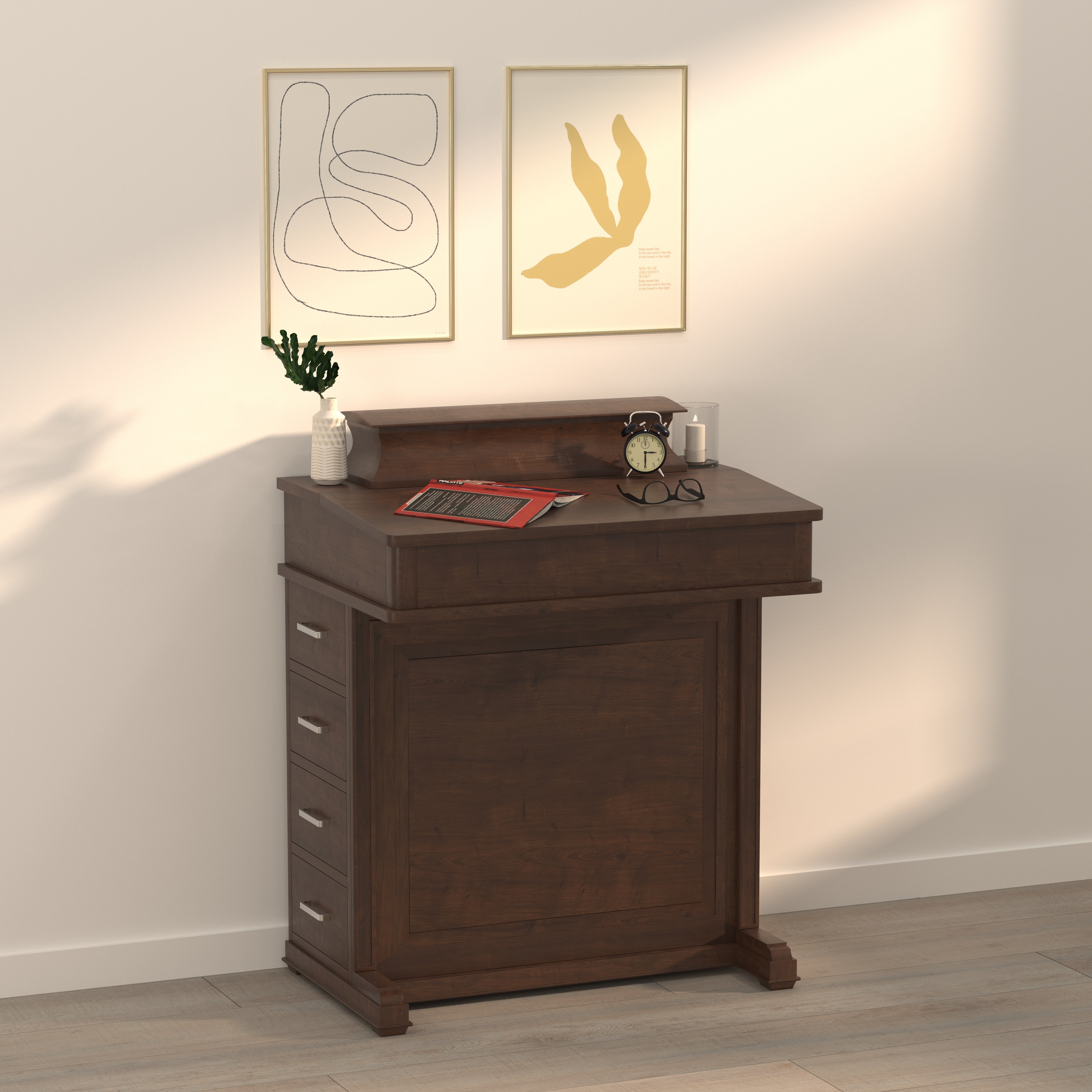 Handcrafted Solid Wood Church Pulpit Lectern with Stepped Crown Top & Four Side Drawers Study Table