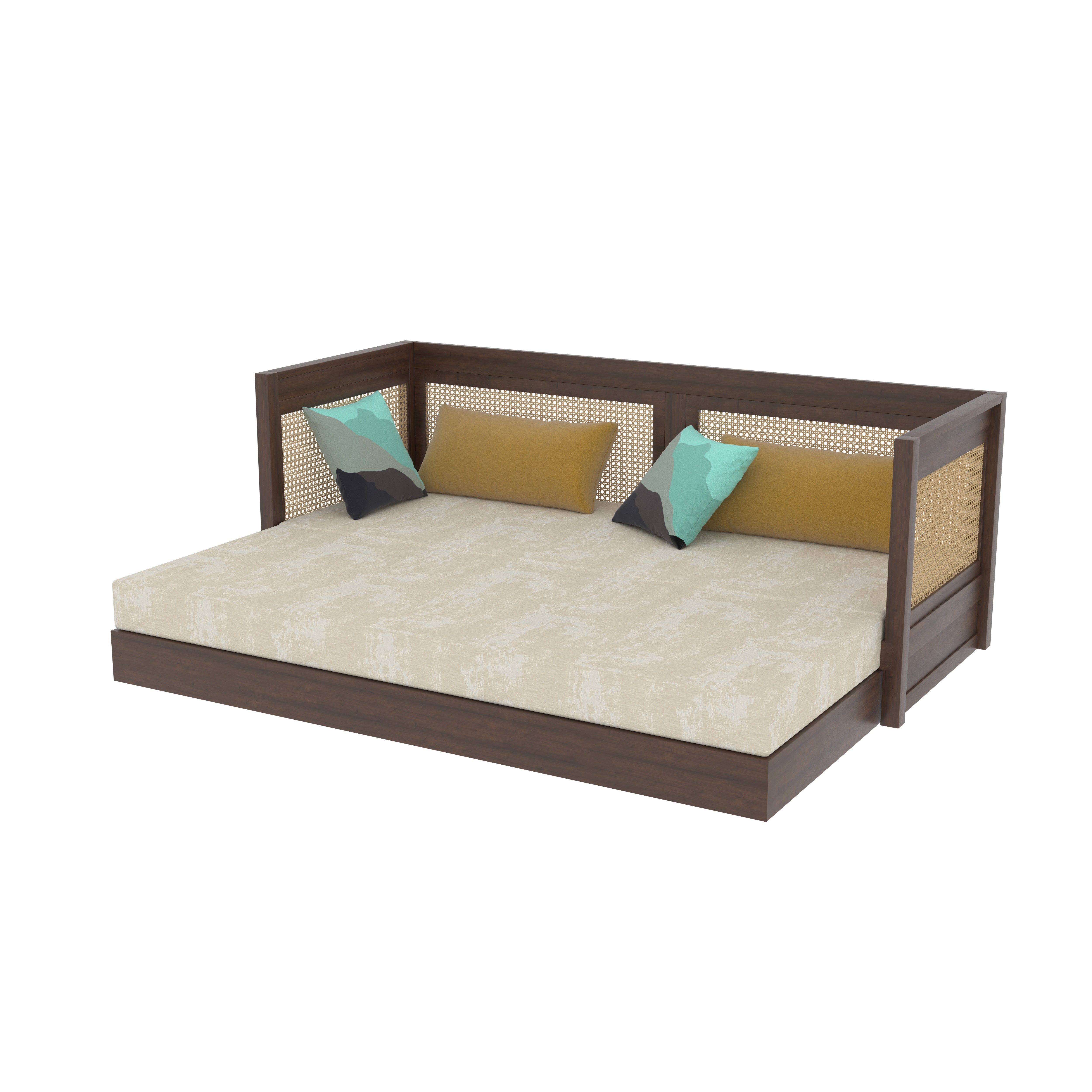 Daybed with Cane Panels and Pull-Out Trundle Bed Sofa cum bed