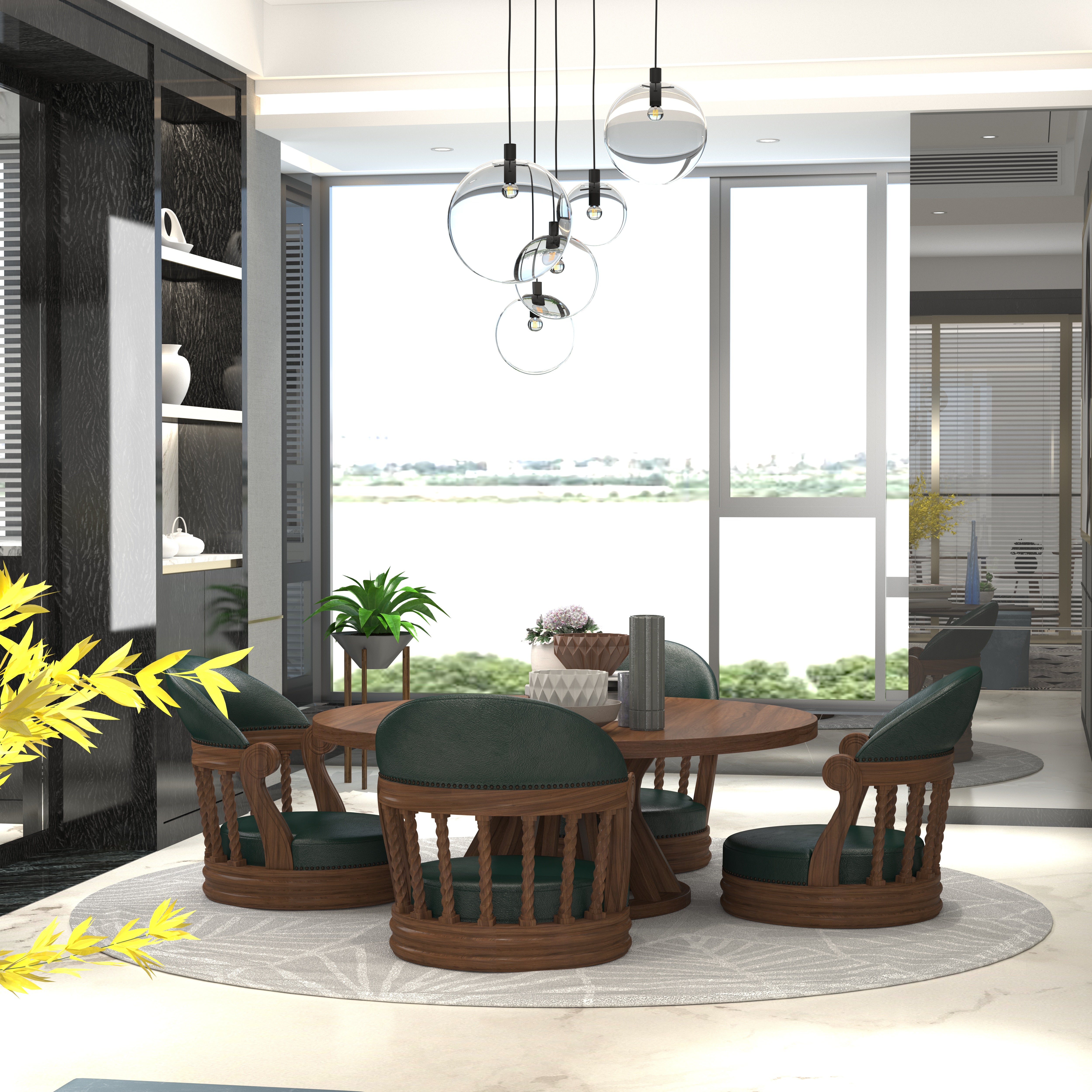 Handcrafted Round Wooden Dining Set - Spindle Back Chairs with Green Upholstery (6 Seater) Dining Set