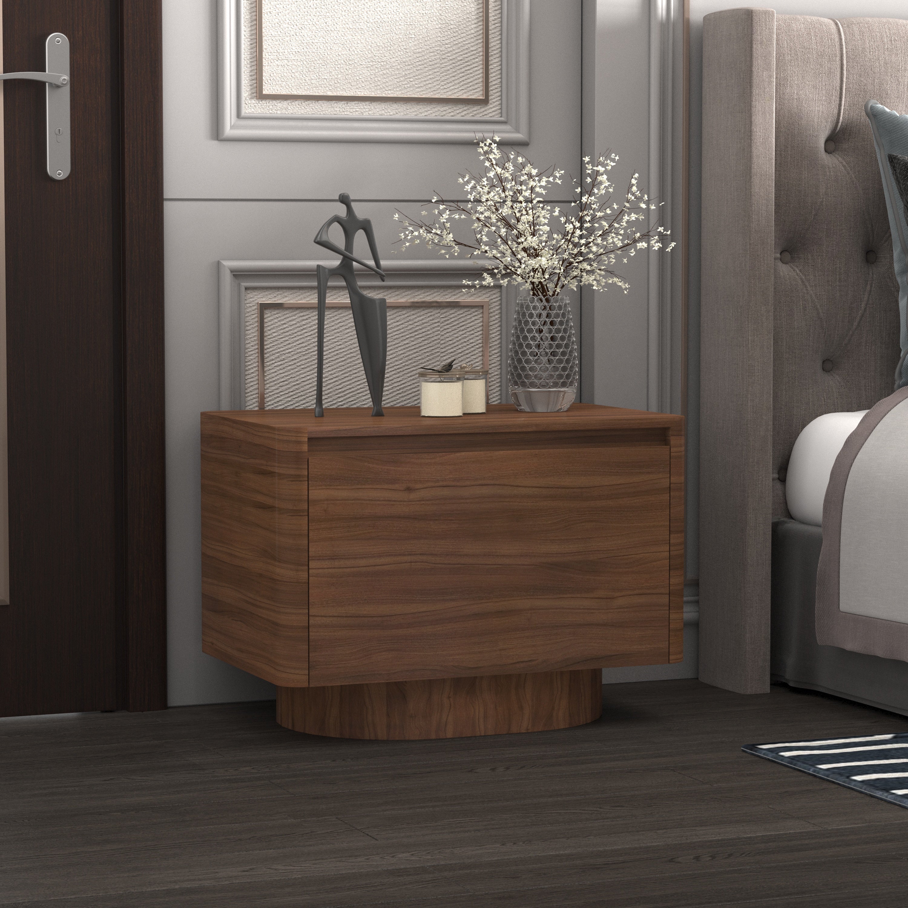 Modern Solid Wood Bedside Table with Single Drawer and Curved Base Bedside