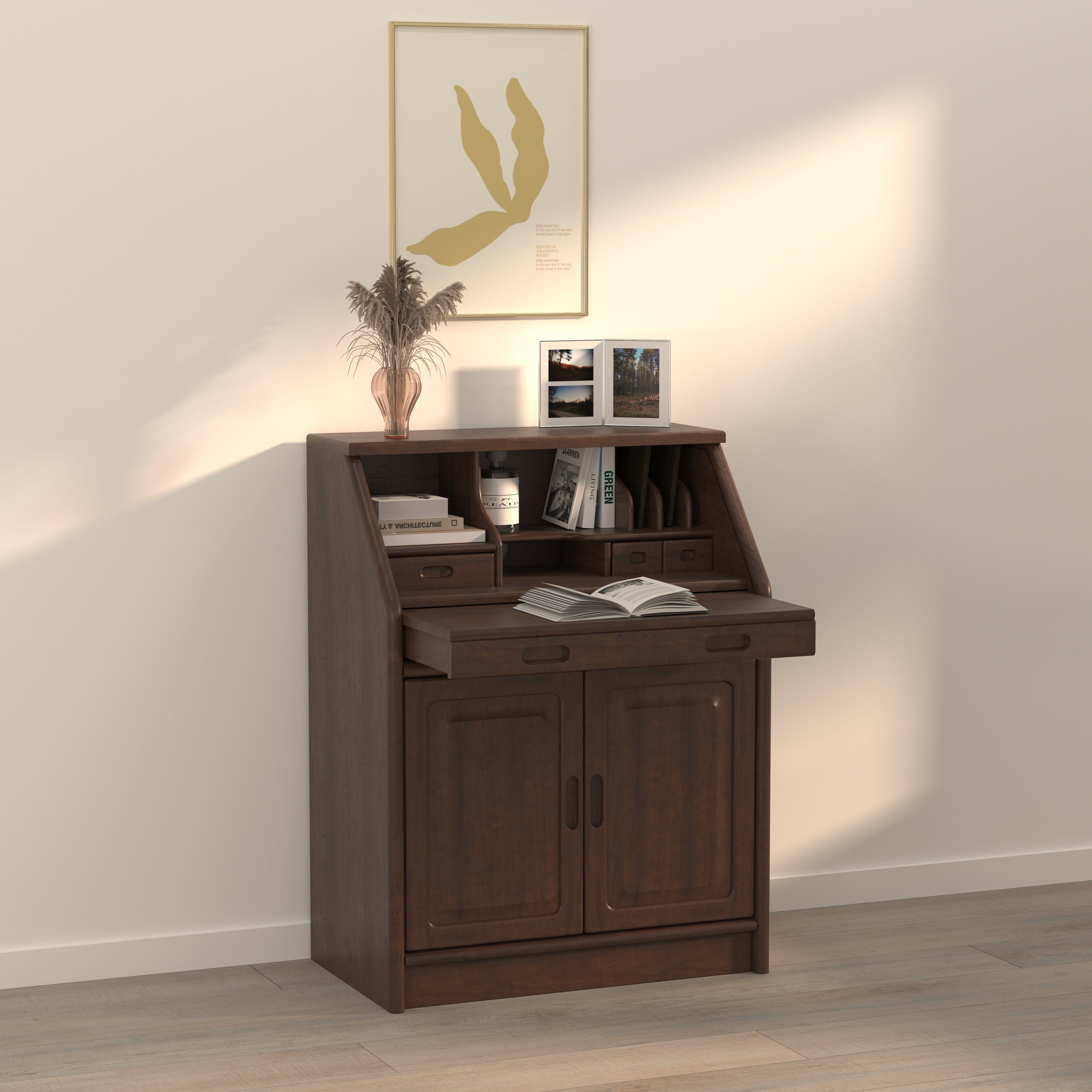 Compact Secretary Desk with Storage Cabinet & Organizer Shelves Study Table