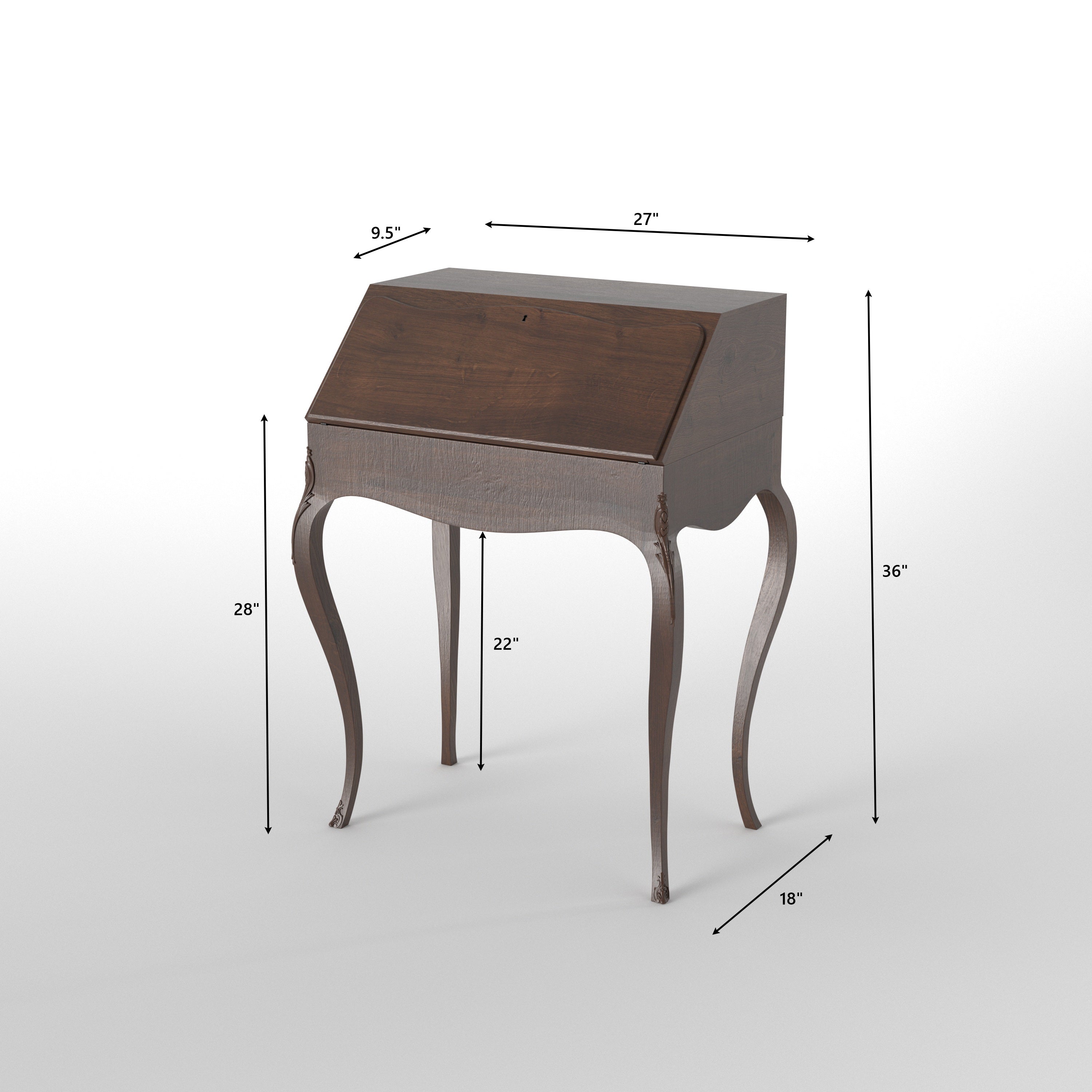 French-Style Secretary Desk with Cabriole Legs - Drop-Front Writing Bureau Study Table