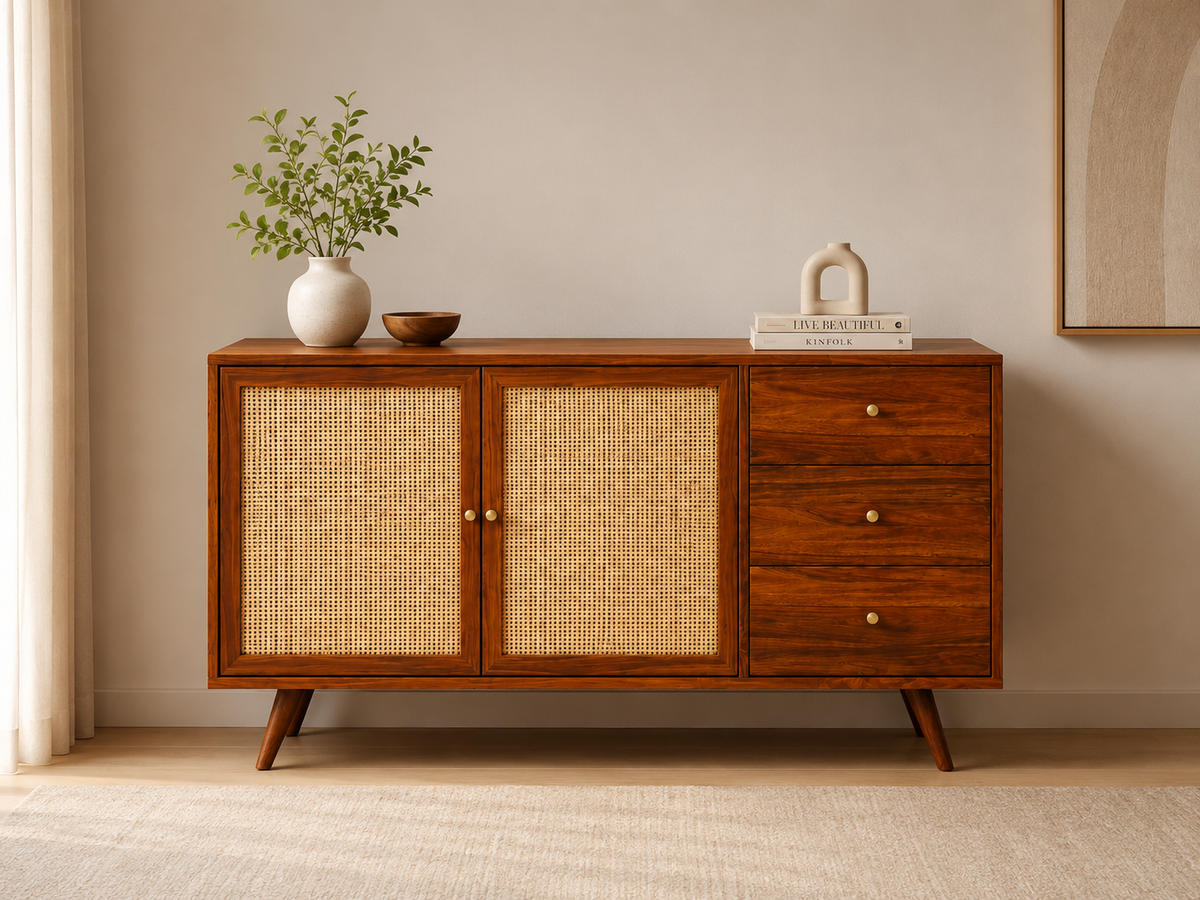Elegant Cane Sideboard with Two Doors and Three Drawers sideboard