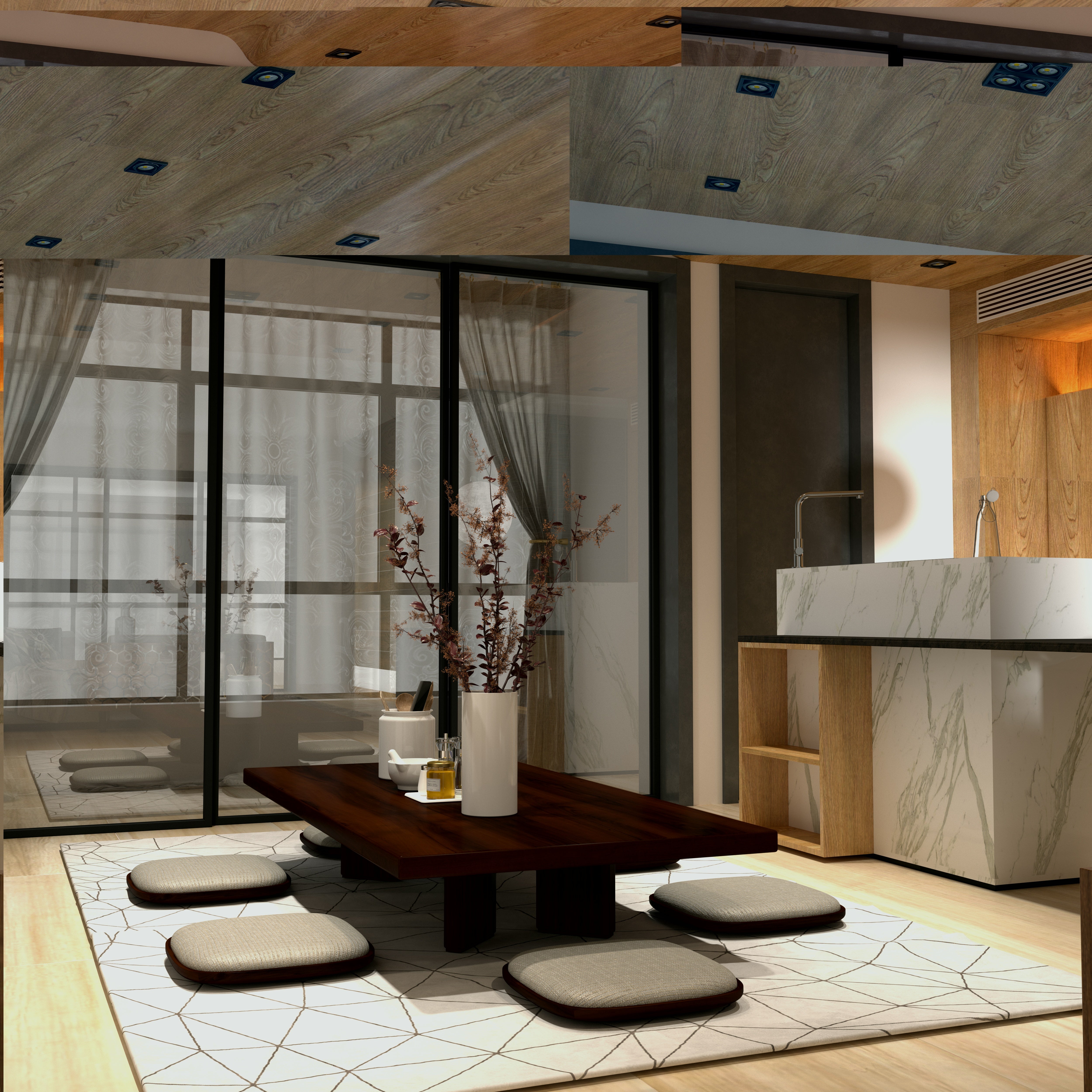 Minimalist Wooden Floor Dining Table with Neutral Cushions