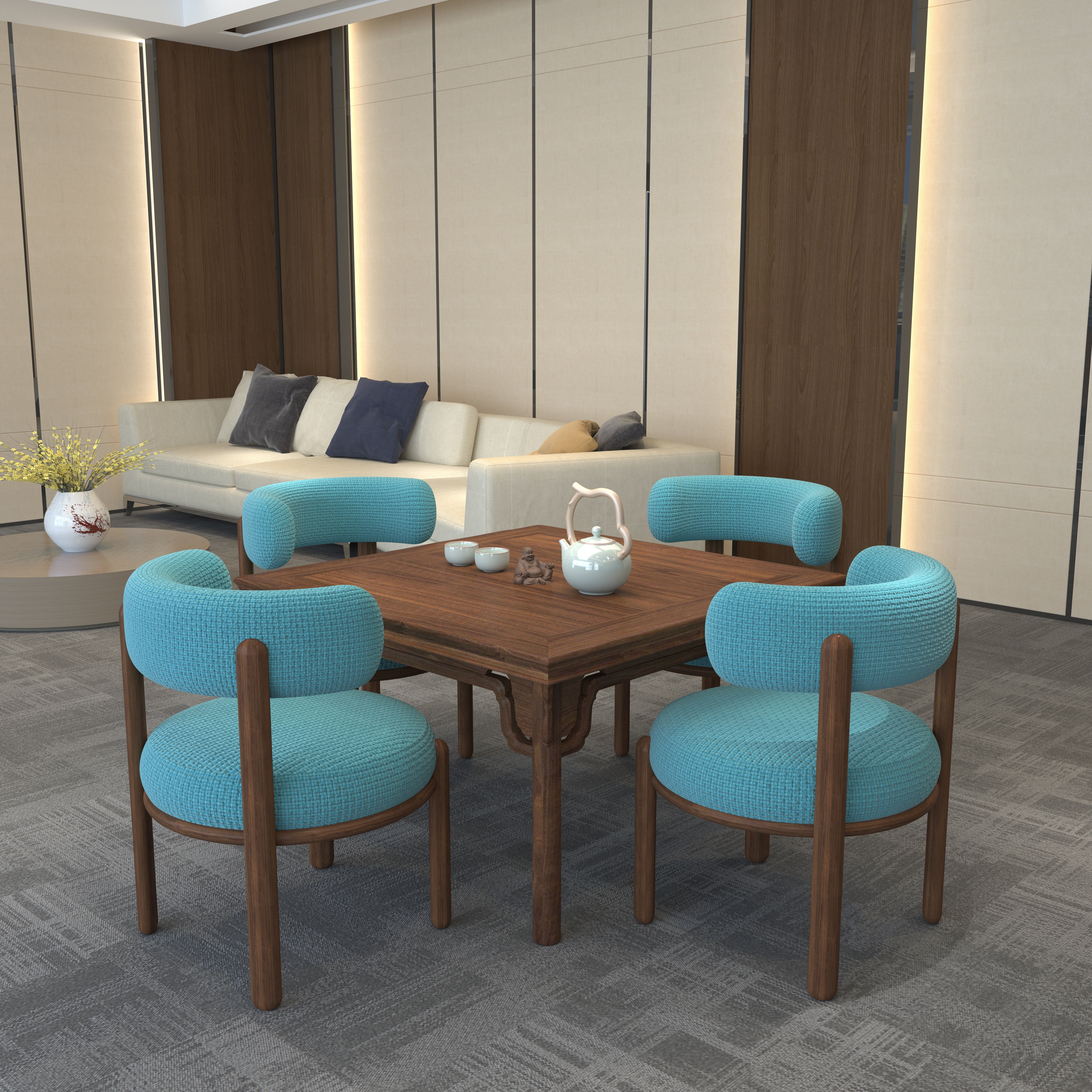 Japanese Style Low Height Dining Set - 4 Seater Walnut Table with Turquoise Upholstered Chairs Dining Set