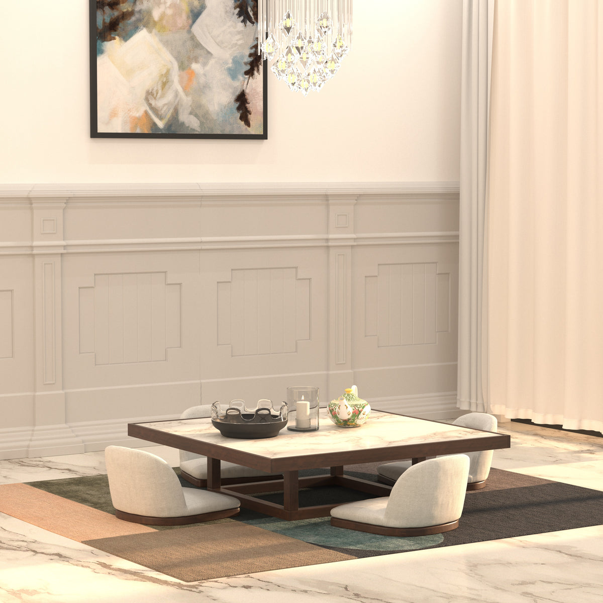 Square Dining Table with Sculpted Low-Profile Seating