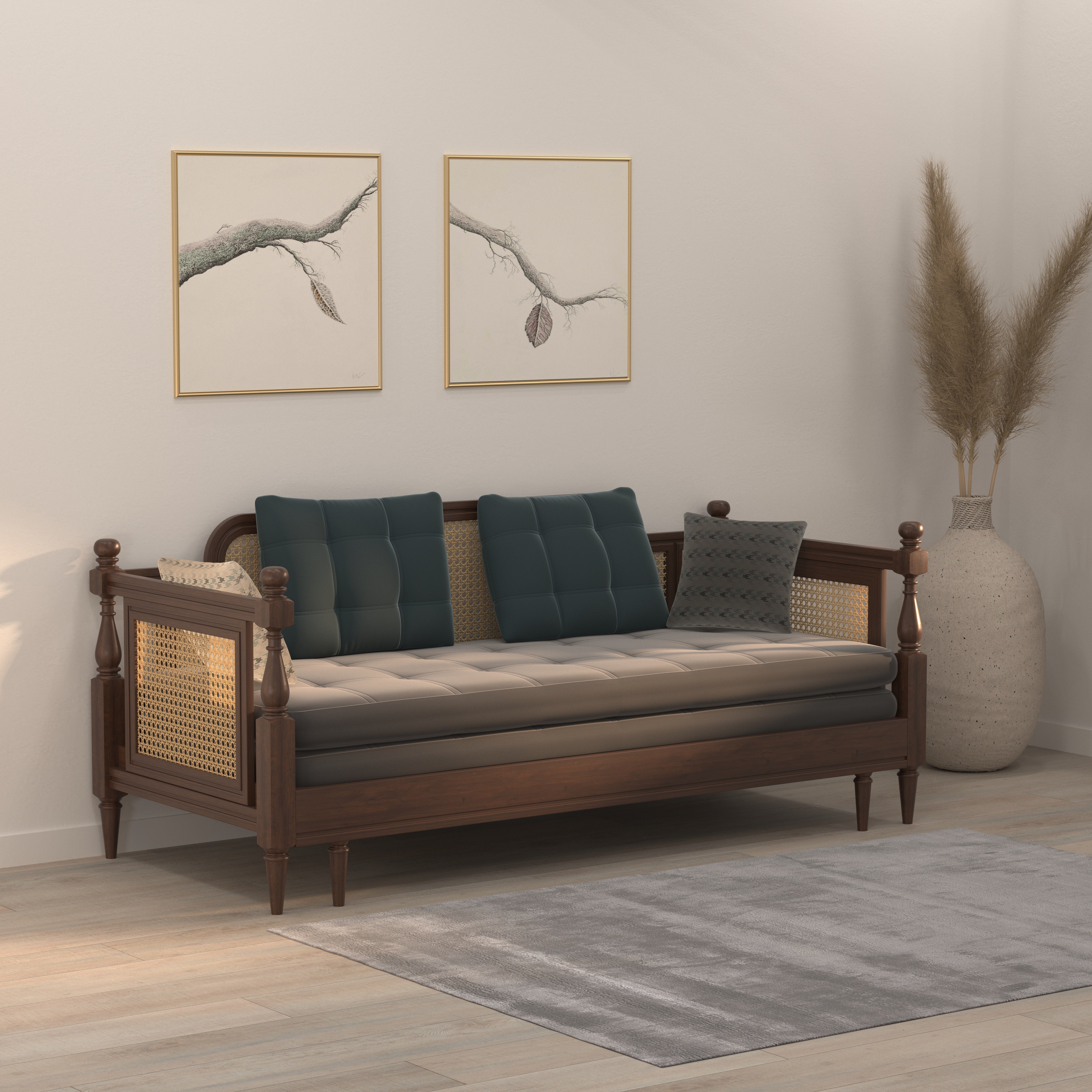 Daybed with Cane Panels and Turned Posts Sofa cum bed