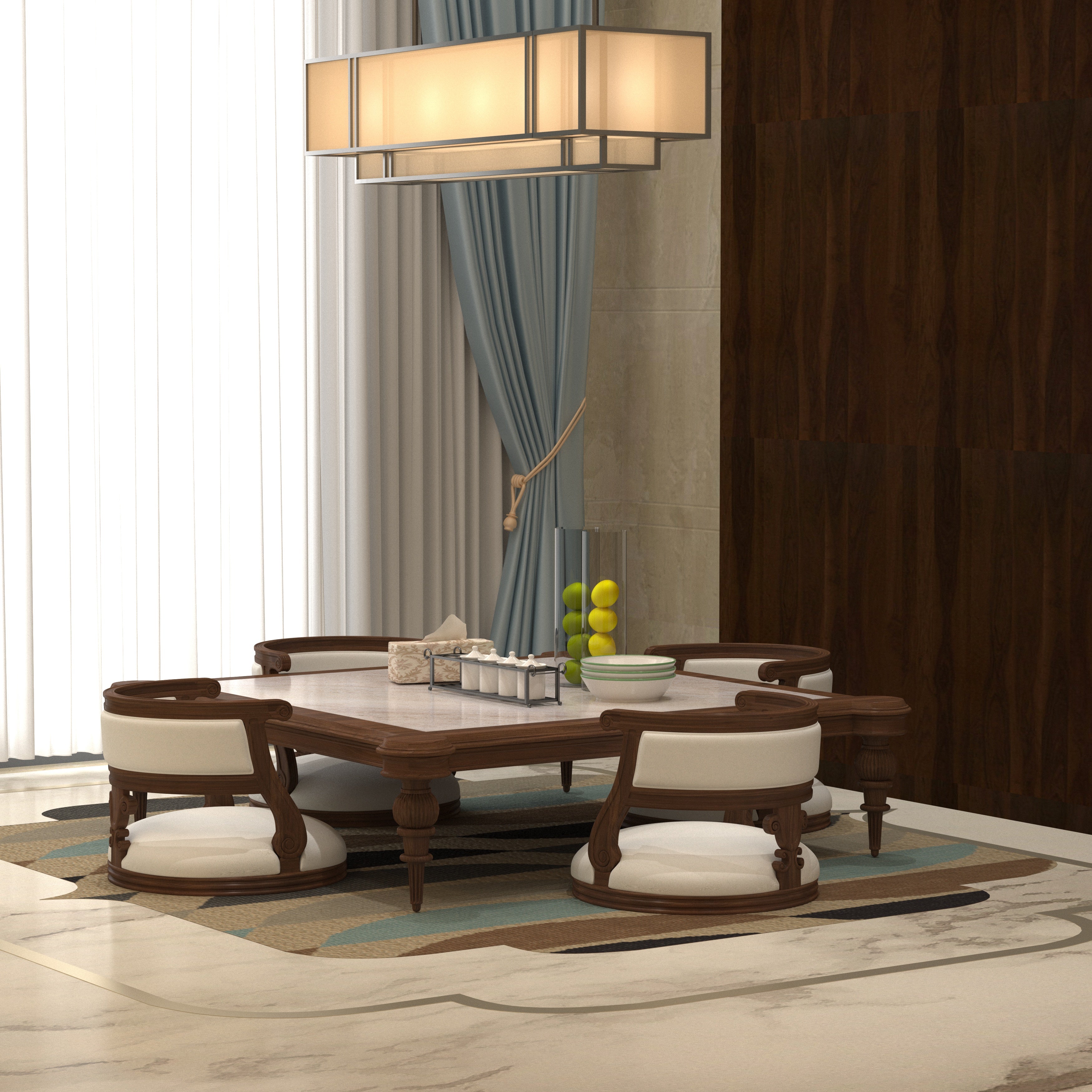 Handcrafted Low-Height Dining Set - Marble Top Table with Cushioned Floor Seating (4 Seater) Dining Set