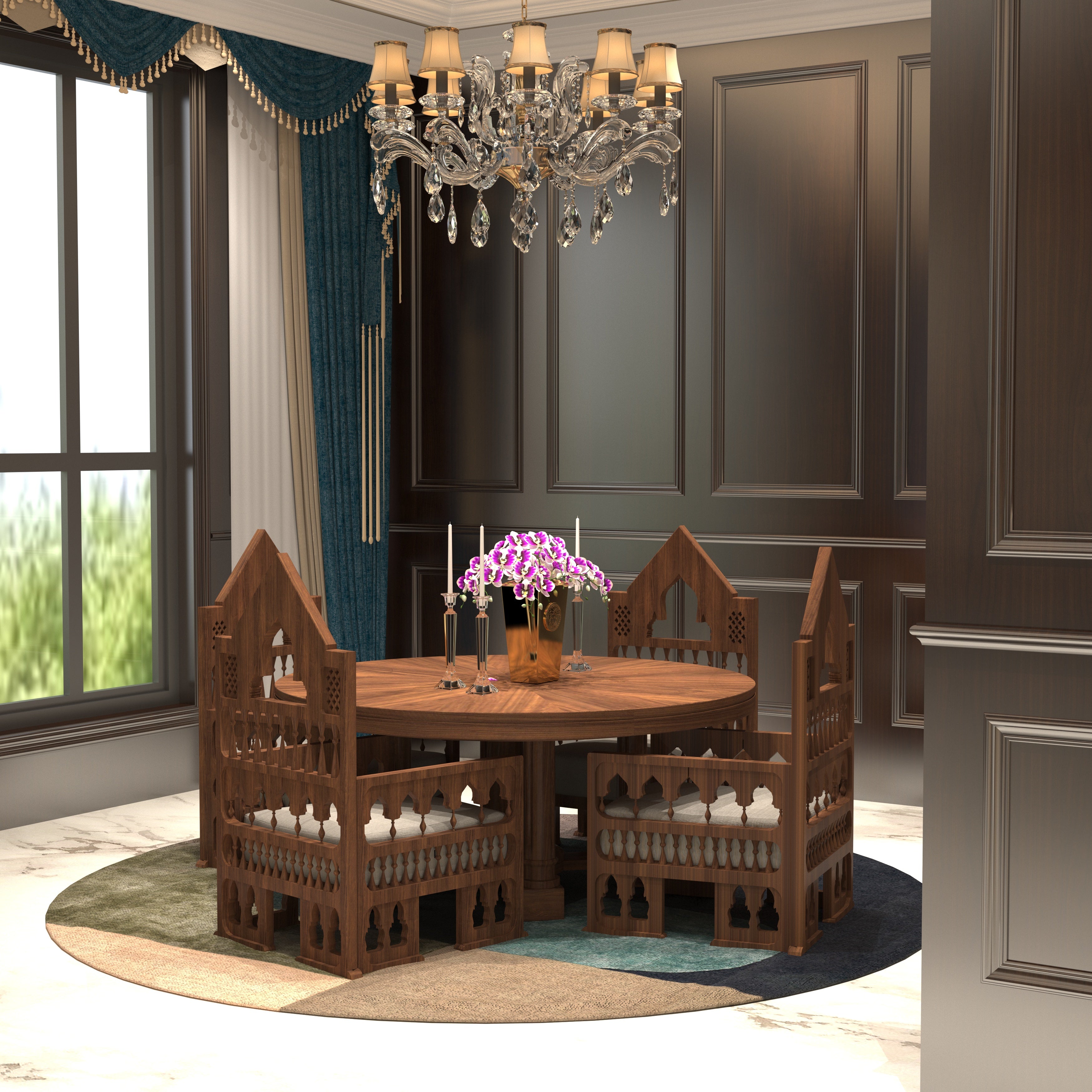 Handcrafted Round Dining Set Moroccan Geometric Carved Chairs (4 Seater)