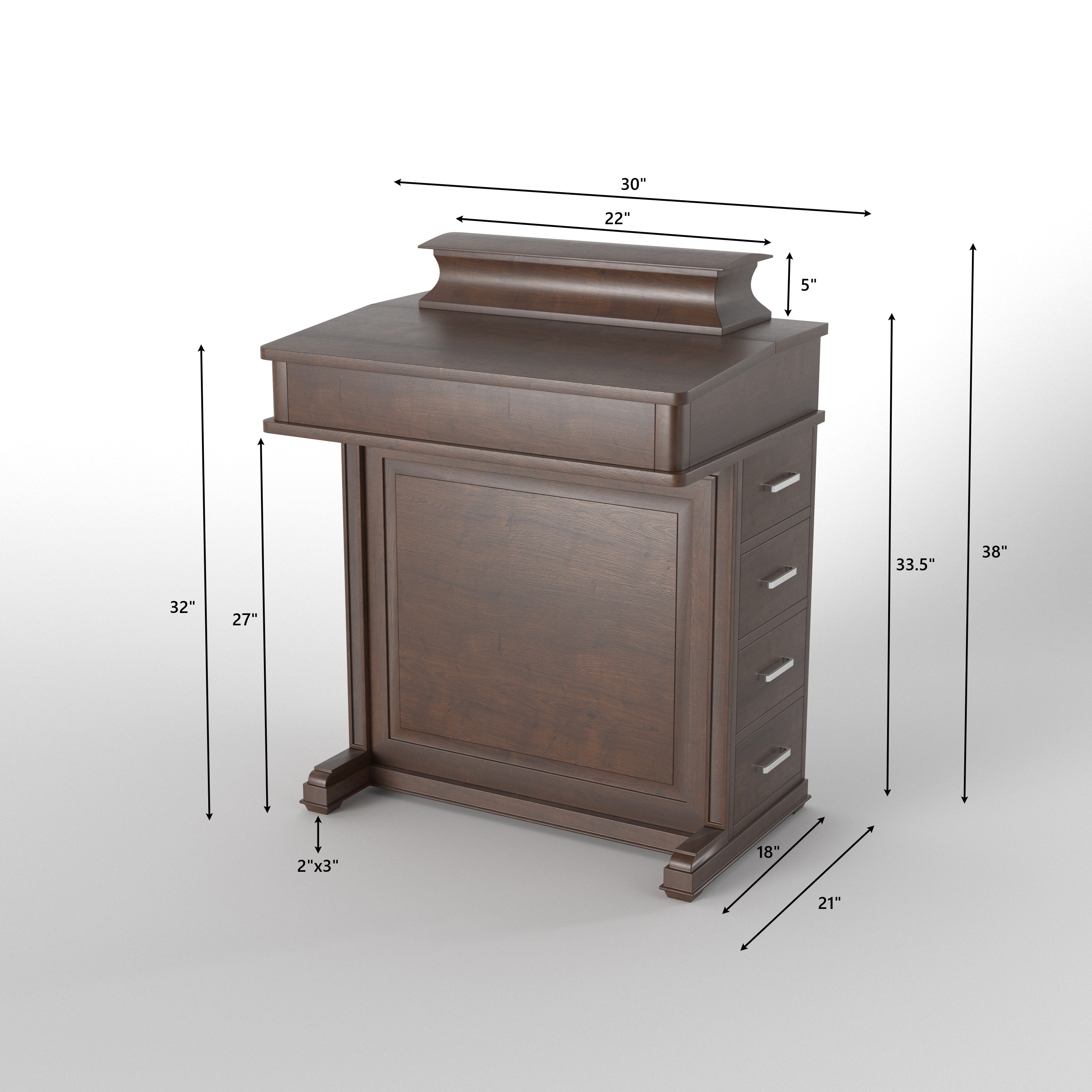 Handcrafted Solid Wood Church Pulpit Lectern with Stepped Crown Top & Four Side Drawers Study Table