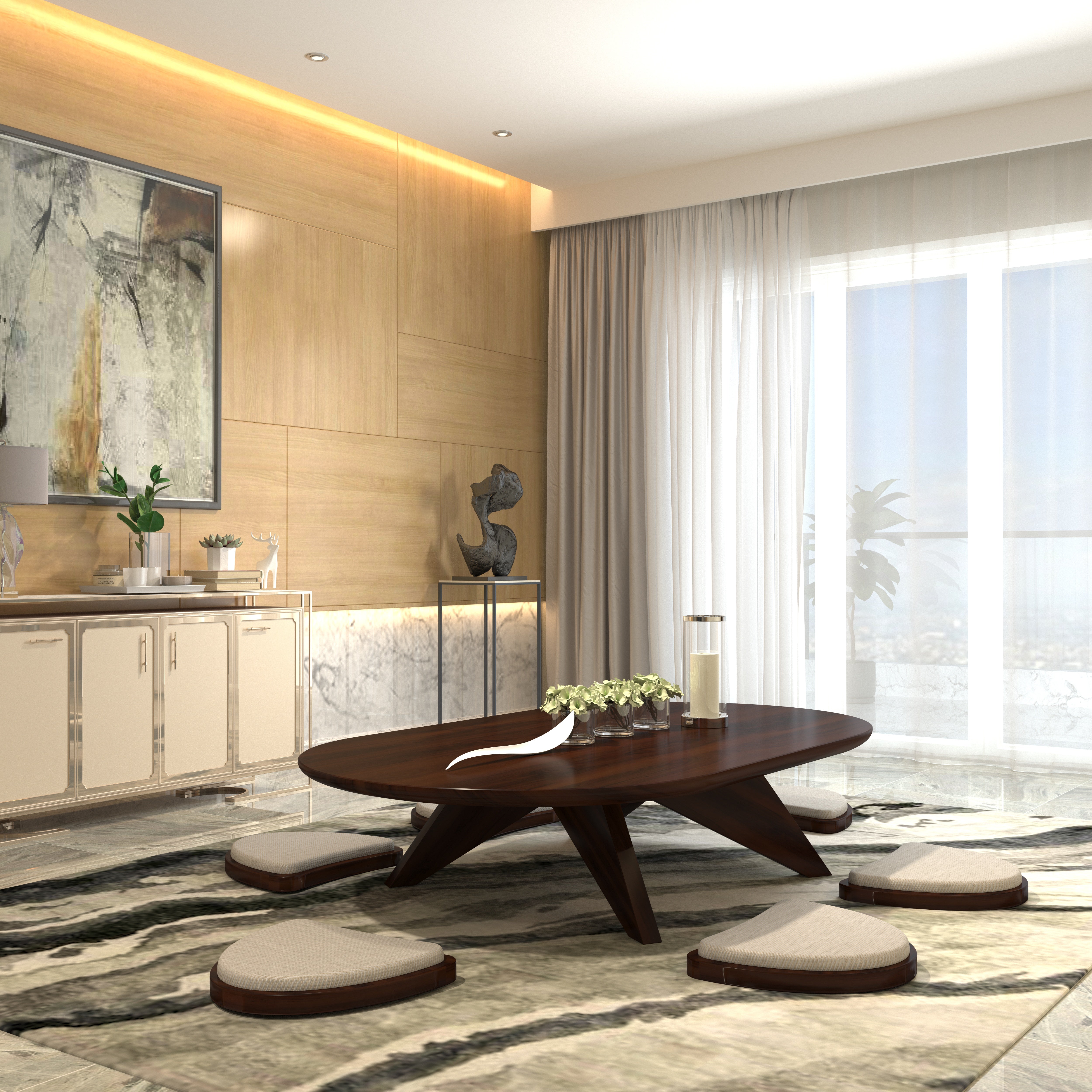 Elegant Zen-Inspired Living Space with Low Wooden Table & Cushioned Floor Seating Dining Set