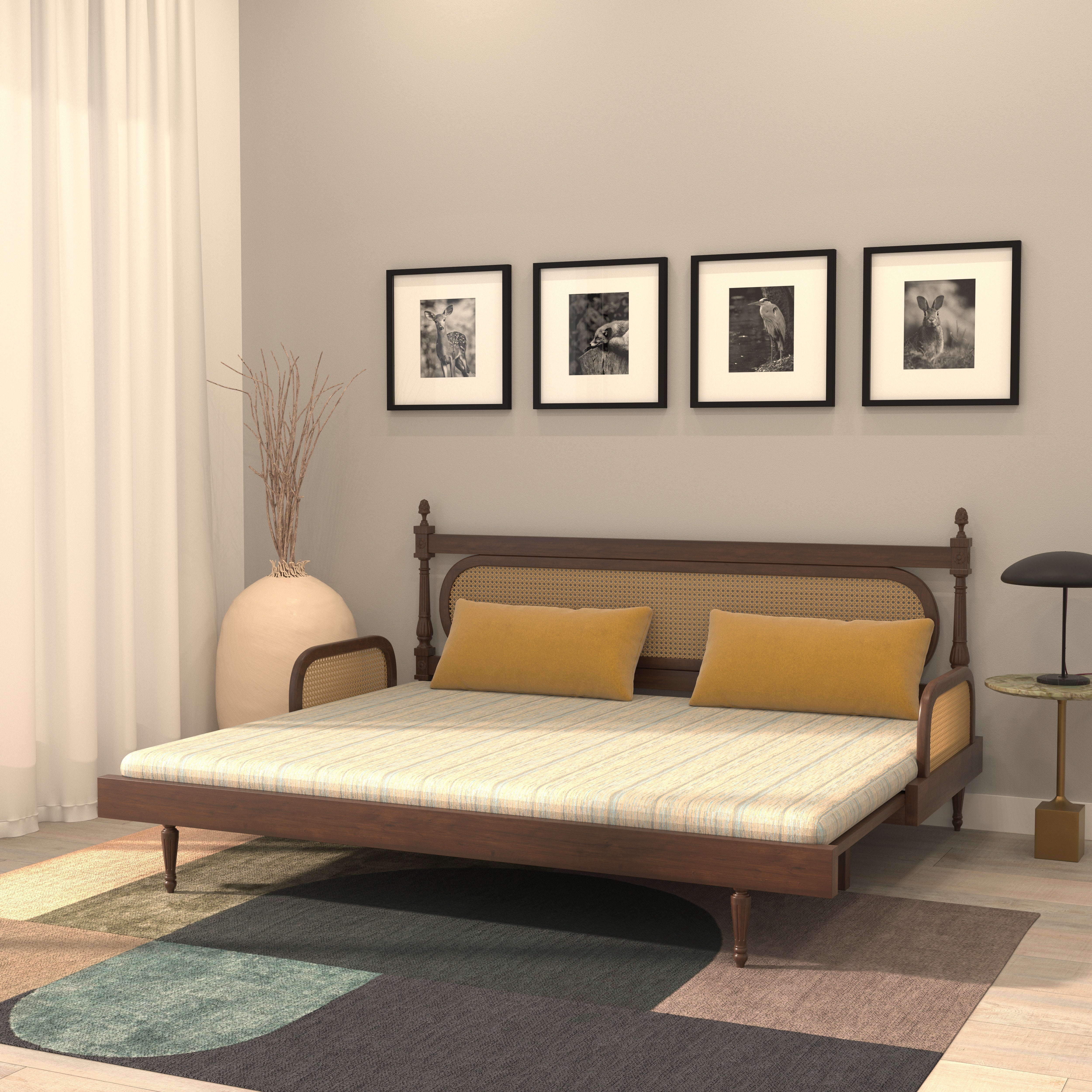 Elegant Cane-Style Day Bed with Cushioned Backrest for Indian Homes Sofa cum bed