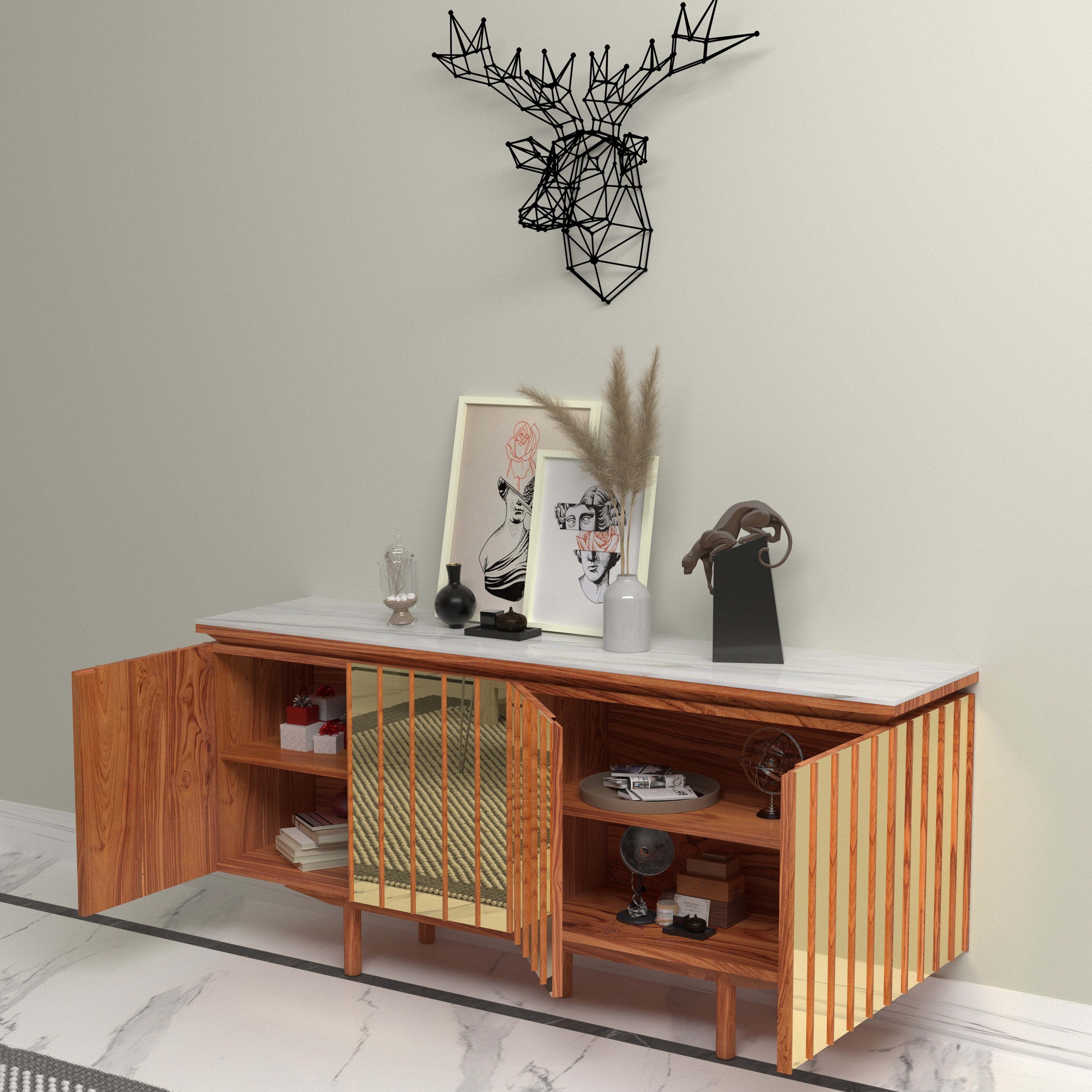 Antique Mirror Finished Wooden Handmade Multi-Storage Sideboard Console Table